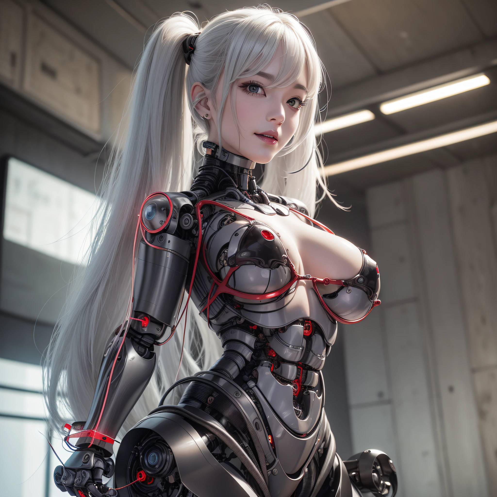 Beautiful Face,face is Japan, 1 Woman, Big, Curvaceous,(8k, RAW photo, top quality, masterpiece: 1.2)(Realistic, Photorealistic: 1.37) (Blood vessel attached to tube)((((Bikini Cyborg robot parts)))), (Light gray hair), Long hair, Wavy hair, Twin tails, Medium shot, ((Seductive smile) ), (Black Eyes), Hime Cut,From Below,(whole body),posing,,Inside the lab,( Blood vessel connected to a tube),((Mechanical vertebrae attached to the back)),((Mechanical neck attached to the neck)),(Wire and cable attached to the head and body),(Character Focus),Science Fiction,