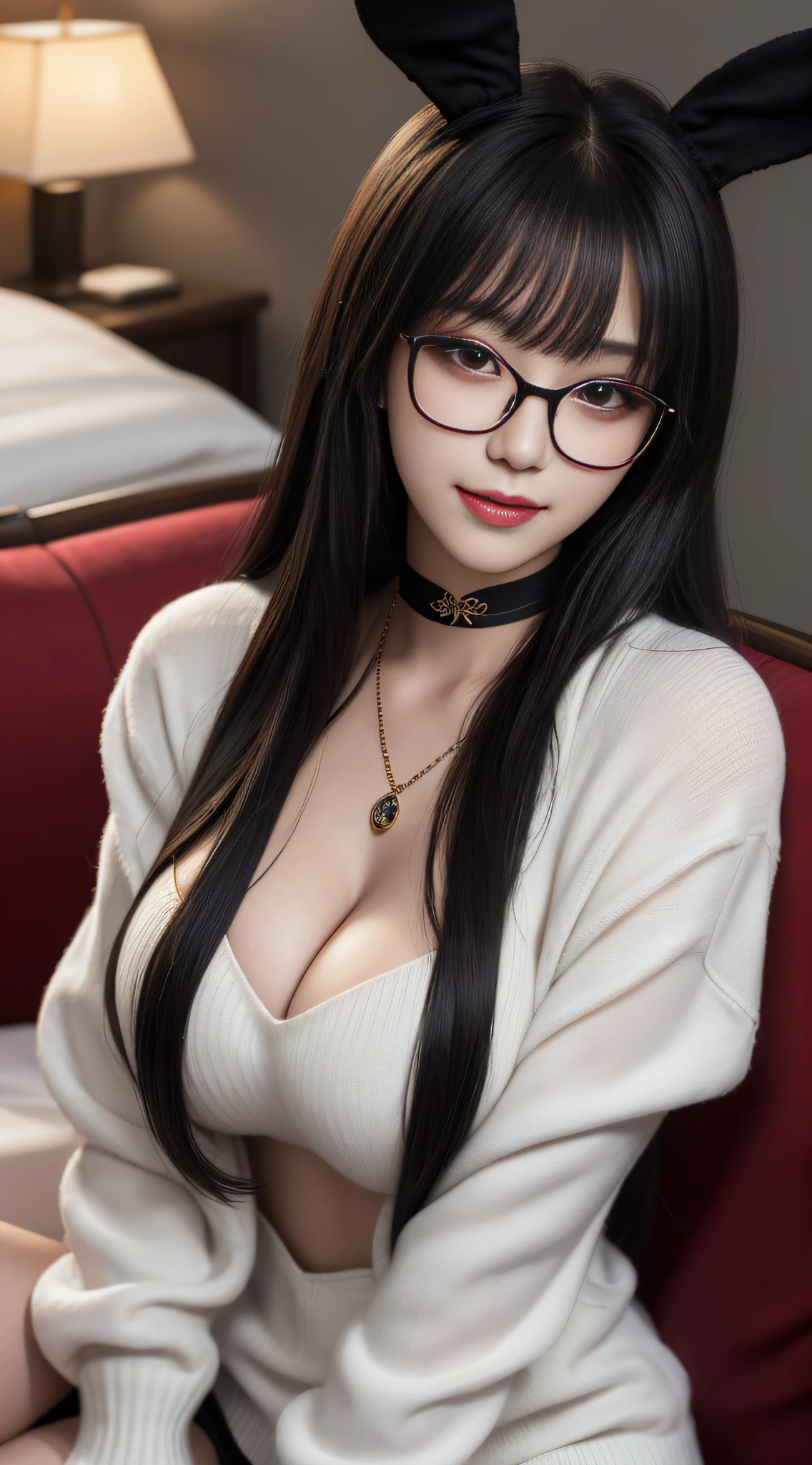 best quality, ultra-detailed, masterpiece, finely detail, highres, potrait,8k wallpaper, Realistic details, clothing details, skin details, detailed eyes,photoshop \(medium\),Slim body,1girl, 22 years old, beautiful eyes, real skin, fine face, bangs, long hair, black hair, blunt bangs, huge breasts, wearing a half sweater, (seductive smile), (Chinese style), bedroom, jewelry, Lie on sofa, cosplaying as a bunny,close up , on couch, wearing glasses, wearing stocking and chocker, holding breast, looking super sexy, night lighting, SFW