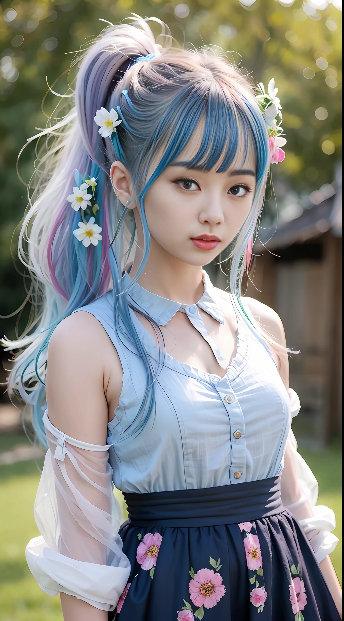 (masterpiece), (best quality), (ultra detailed),(disheveled hair),(illustration), (1girl), (Fashionable clothing), standing, Fashion model, looking at viewer, (interview), (simple background),beautiful detailed eyes, delicate beautiful face, Floating,(high saturation),(colorful splashes),colorful bubble,(shining), focus on face, ponytail, kamisato ayaka, light blue hair, bangs, hair ring, floating flowers, floating hairs, (shining), best lighting, best shadow,