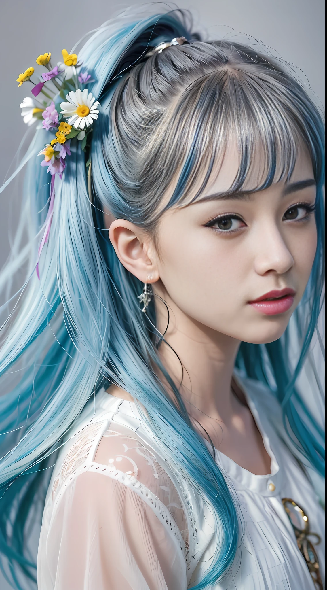 (masterpiece), (best quality), (ultra detailed),(disheveled hair),(illustration), (1girl), (Fashionable clothing), standing, Fashion model, looking at viewer, (interview), (simple background),beautiful detailed eyes, delicate beautiful face, Floating,(high saturation),(colorful splashes),colorful bubble,(shining), focus on face, ponytail, kamisato ayaka, light blue hair, bangs, hair ring, floating flowers, floating hairs, (shining), best lighting, best shadow,