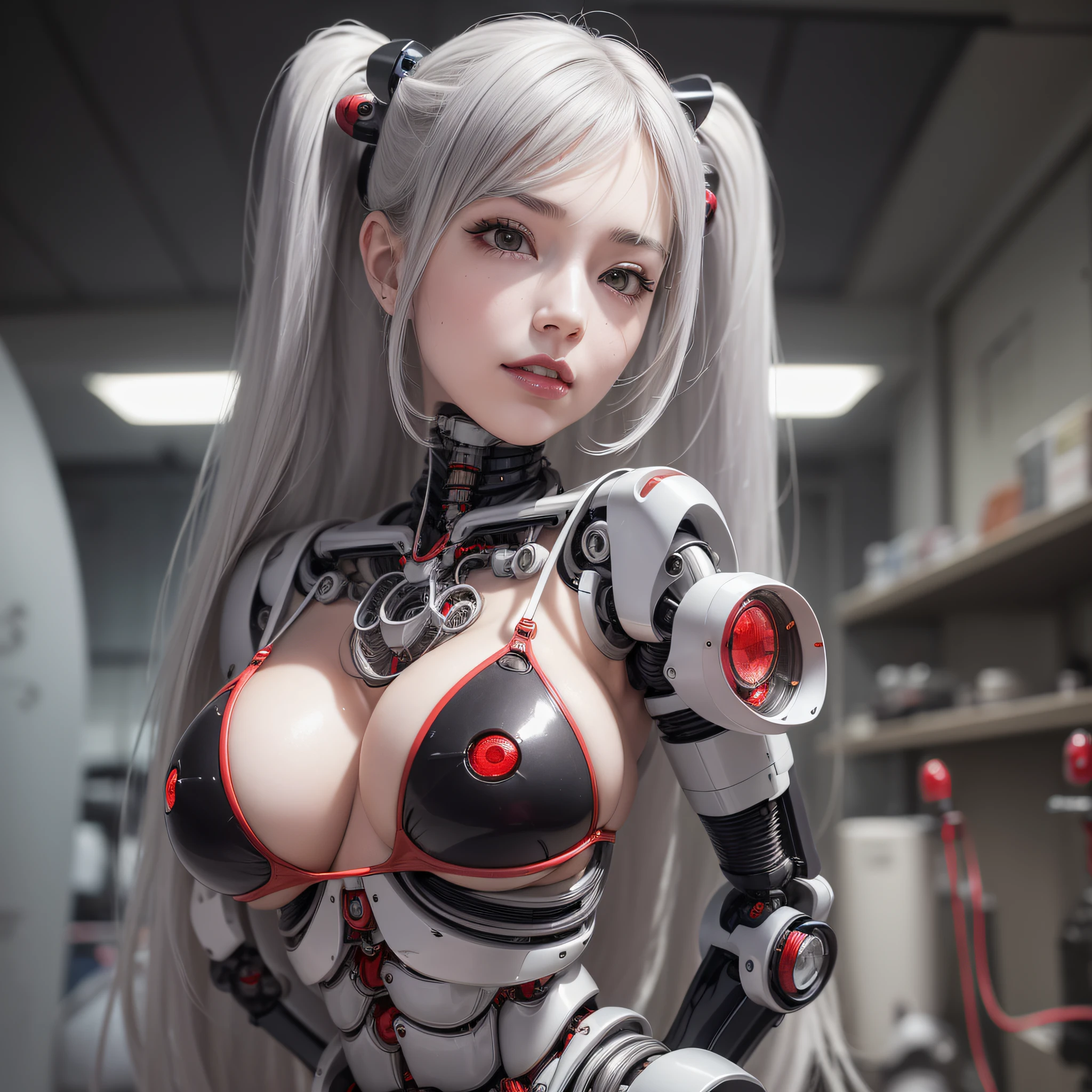 Beautiful Face,face is Japan, 1 Woman, Big, Curvaceous,(8k, RAW photo, top quality, masterpiece: 1.2)(Realistic, Photorealistic: 1.37) (Blood vessel attached to tube)((((Bikini Cyborg robot parts)))), (Light gray hair), Long hair, Wavy hair, Twin tails, Medium shot, ((Seductive smile) ), (Black Eyes), Hime Cut,From Below,(whole body),posing,,Inside the lab,( Blood vessel connected to a tube),((Mechanical vertebrae attached to the back)),((Mechanical neck attached to the neck)),(Wire and cable attached to the head and body),(Character Focus),Science Fiction,