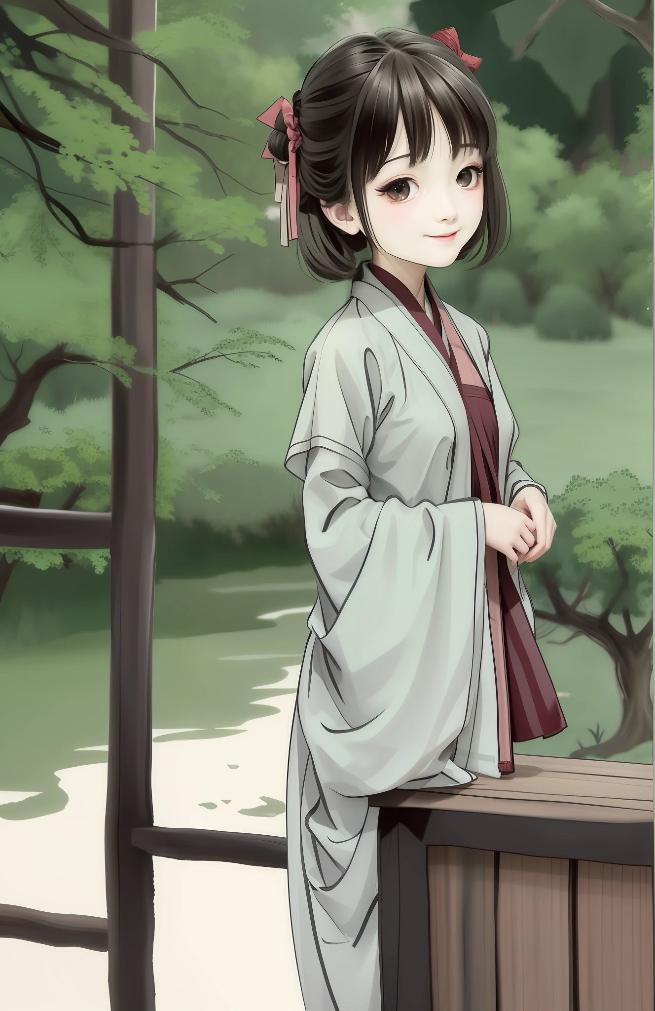 (masterpiece),best quality,good anatomy, shuimobysim,(1 girl:1), (upper body),(smile),short hair,(hanfu),(ecchi0.5), (trees:0.5), (flowers:0.6) ,(wooden house:0.2),(bamboo forest:0.2),(creek:0.2),(river:0.2),