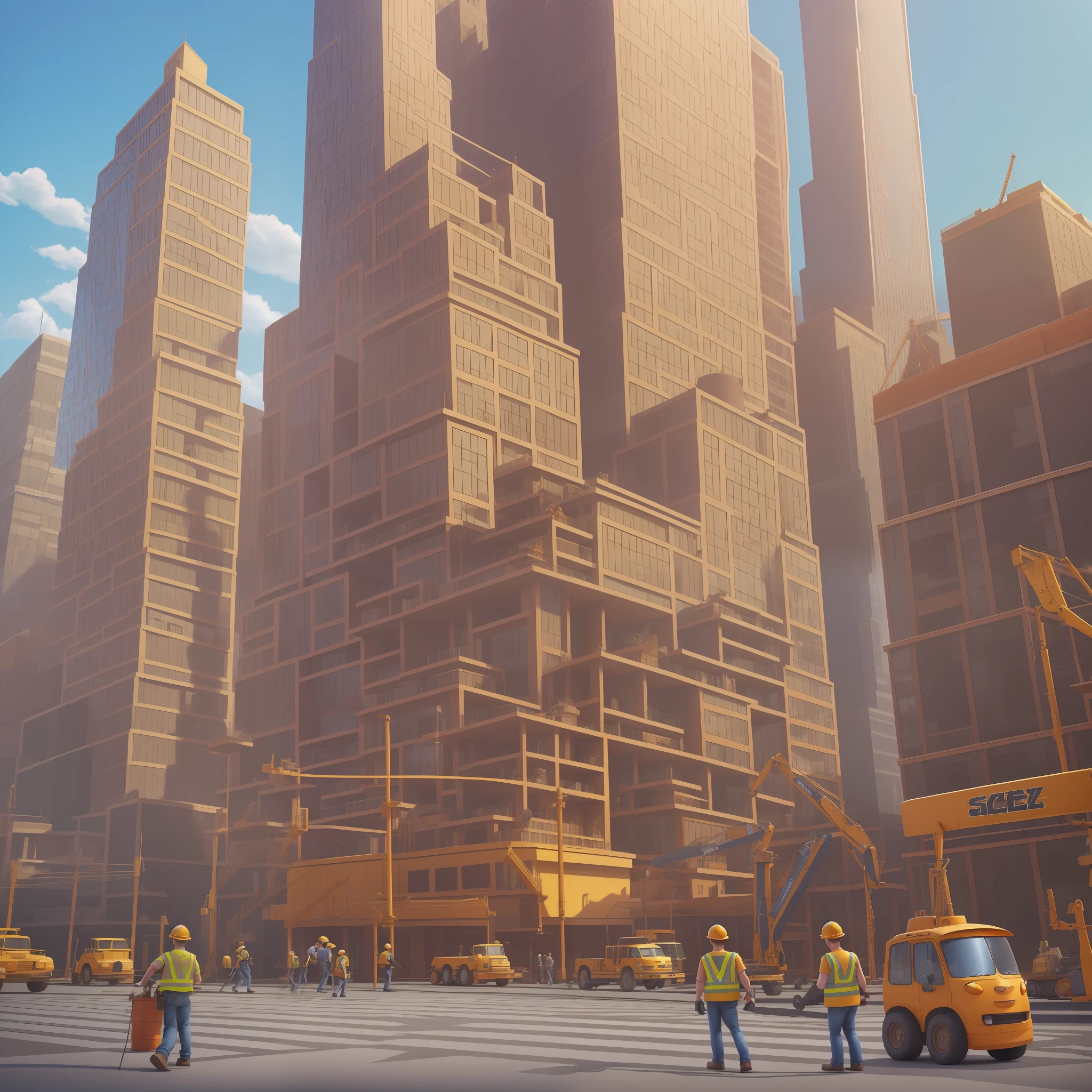 Pixar, 3D rendering, oc rendering, Pixar style, cartoon characters, hard hats, tall buildings, maintenance workers, boys, tool details, (body details + arm muscles: 1.2 + hand details: 1.3), (tall building background: bright + perspective: 1.2 --auto --s2