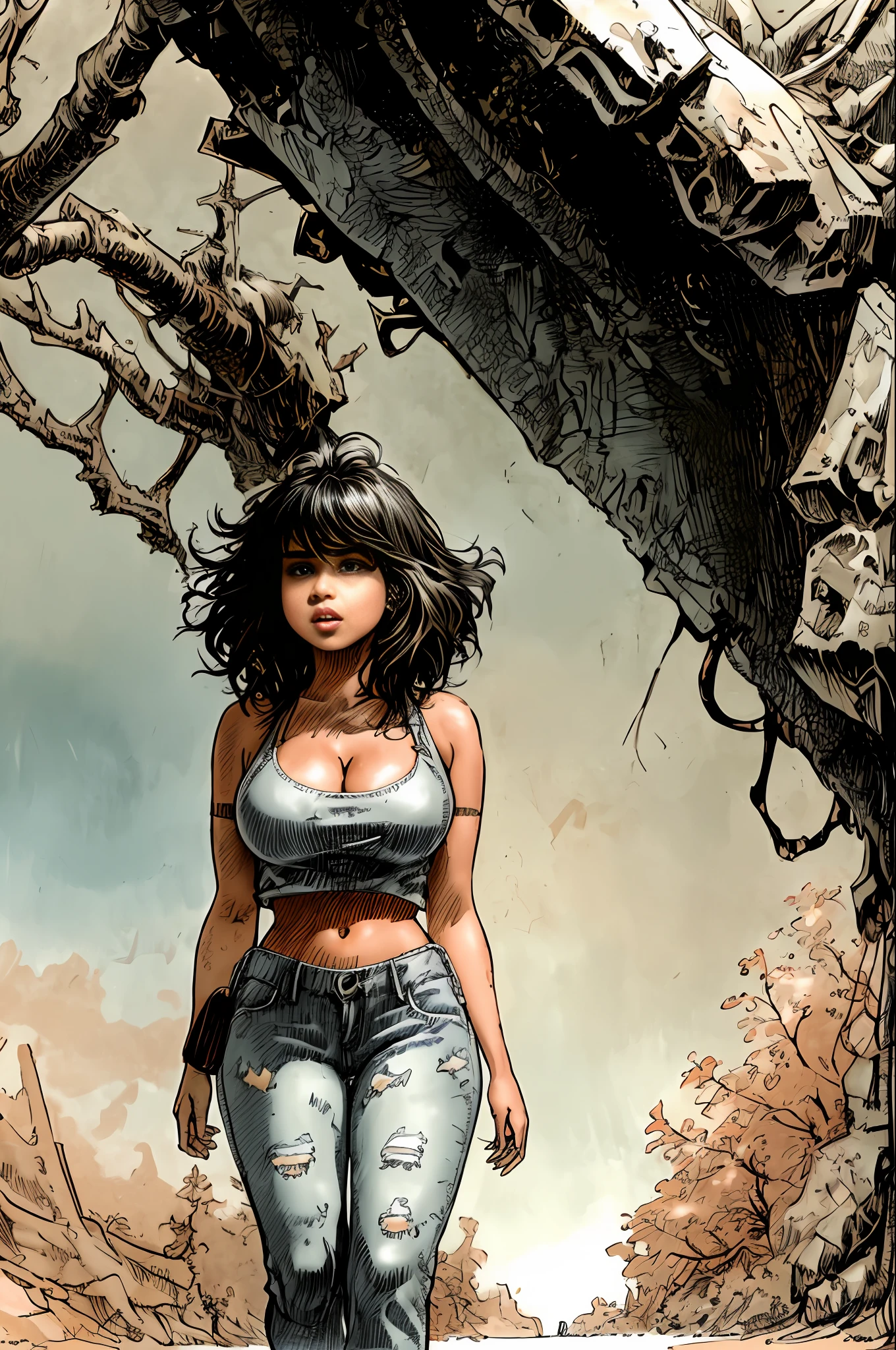 Demi Rose beautiful female figure front,face highlighted,bulky and gorgeous body, ripped and dirty jeans, gorgeous and soon straight black hair with ponytail, voluminous and gorgeous lips, hostiu, stony environment within a forest,The lighting is soft and soft, with soft shadows projected on her skin. she walks with a watchful eye ,The scene is highly detailed,this is a story in the style of comix that begins with Rella, meeting with an old woman who teaches her some survival tactics
