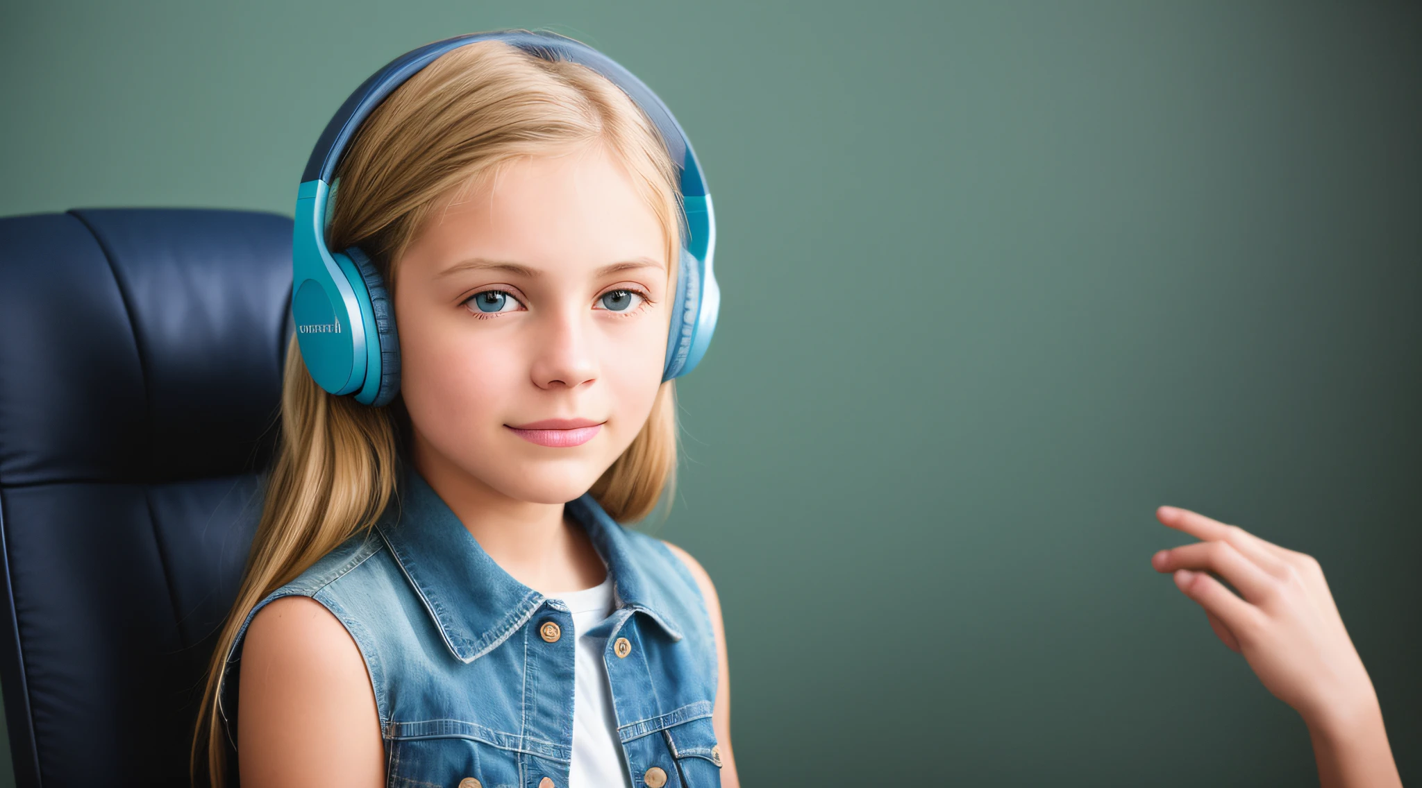 BOYS BLONDE KIDS WITH LONG STRAIGHT HAIR 17 YEARS OLD gorgeous, perfect body, SLEEVELESS DENIM JACKET, teal background, digital RAW color photo with extremely high details, ((using wireless headphones)), HDR, 8k resolution, smooth, (blur): 1.7, (warm and soft ambient light):1.8, atmosphere, realistic, (volumetric mist):1.6, depth of field,  side lighting, photographed on a Kodak box camera