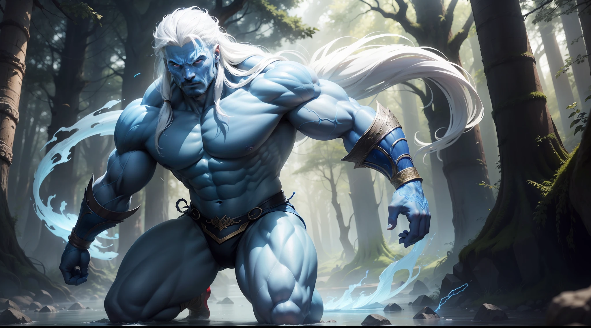 a muscular mythological being extremely strong, blue translucent skin, red eyes, long white hair, powerful, able to control nature, around which trees emerging impacting the ground with magic,