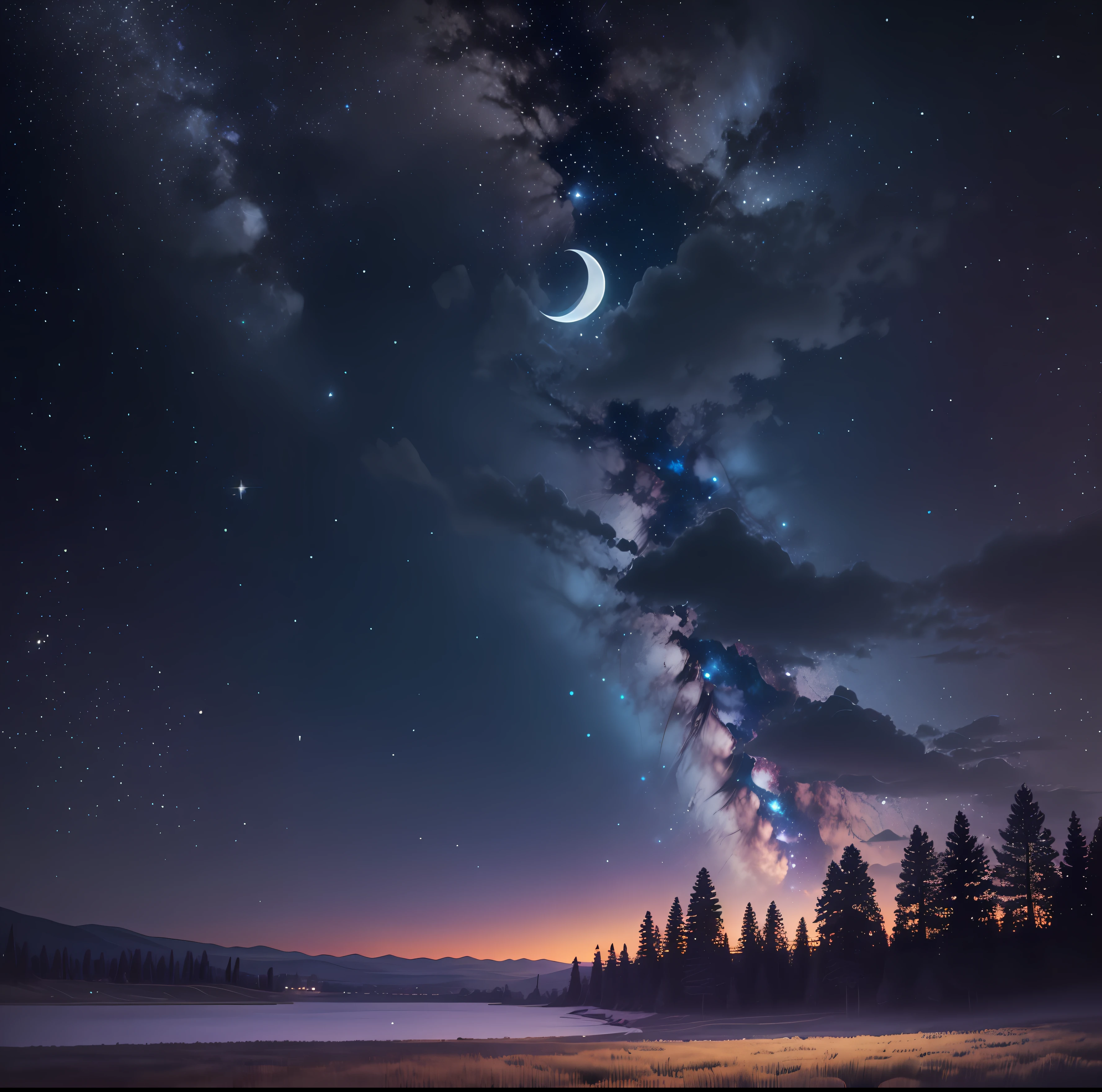 Night landscape with the moon highlighted. The scene should depict a starry sky, where a large bright moon is positioned in the upper right corner of the image. The moon is in its crescent phase, with a significant part illuminated. The landscape in the foreground consists of an open field with tall, undulating grass. On the horizon, there is a line of dark trees, outlined against the starry sky. The night sky should be filled with bright stars forming constellations. that the image is sharp, detailed and conveys a sense of calm and tranquility by the natural beauty of the universe. Image size should be 1920 px by 1080 px