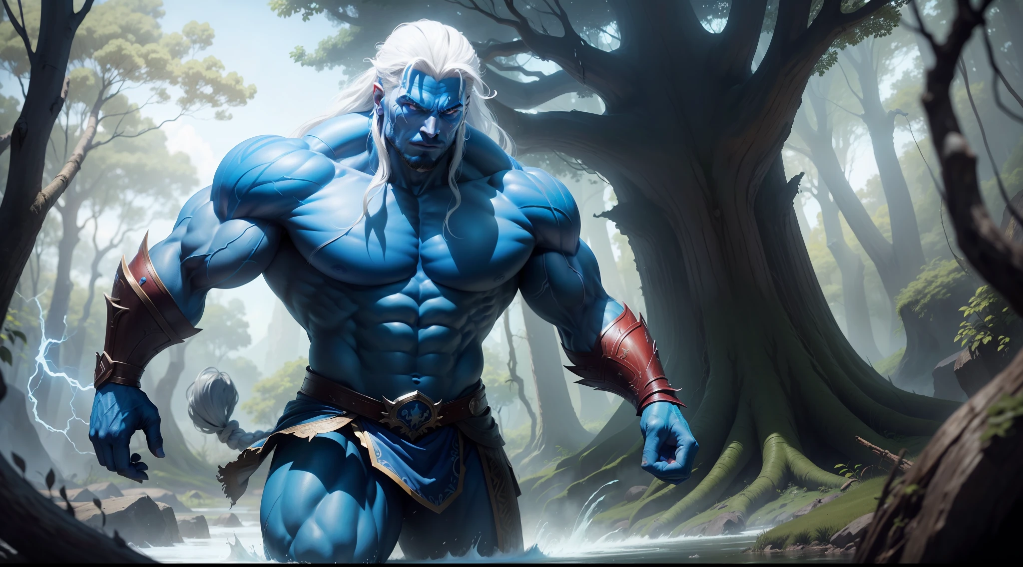 a muscular mythological being extremely strong, blue translucent skin, red eyes, long white hair, powerful, able to control nature, around which trees emerging impacting the ground with magic,