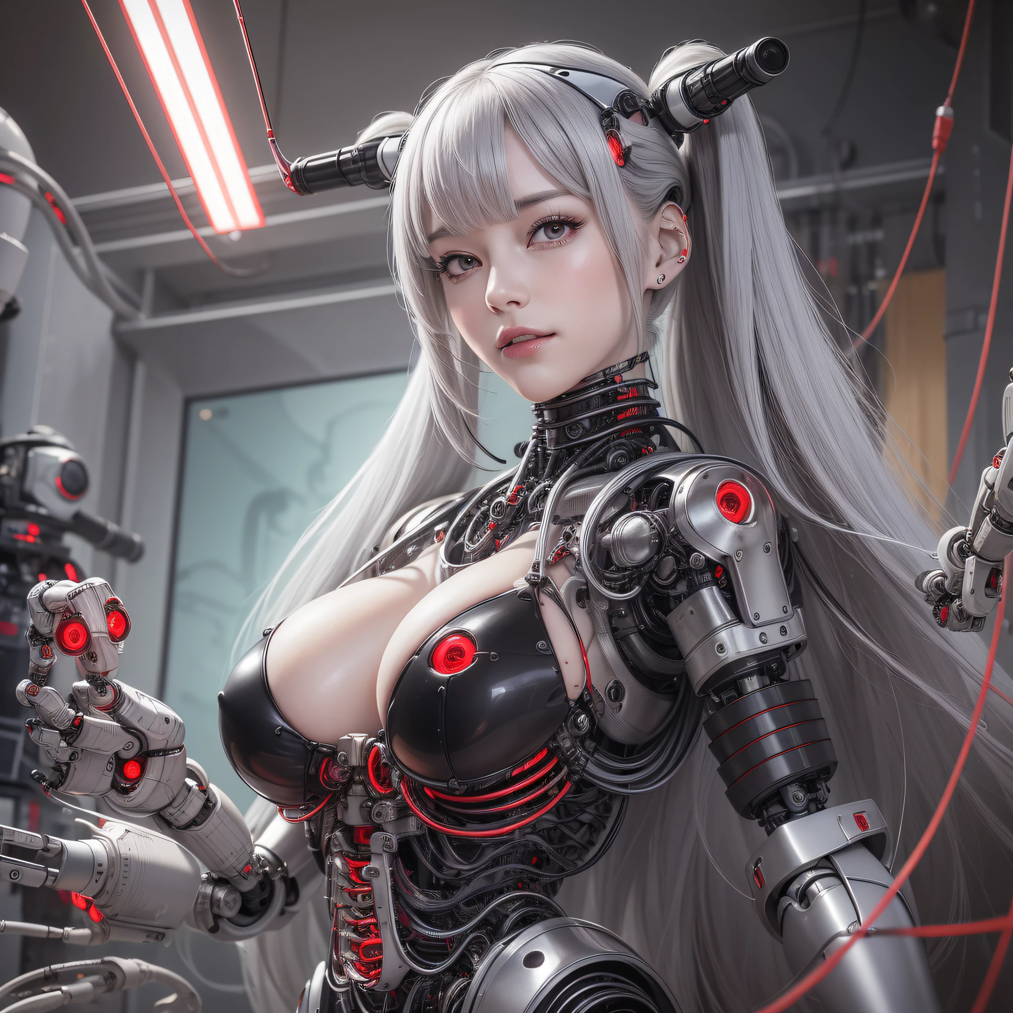 Beautiful Face,face is Japan, 1 Woman, Big, Curvaceous,(8k, RAW photo, top quality, masterpiece: 1.2)(Realistic, Photorealistic: 1.37) (Blood vessel attached to tube)((((Bikini Cyborg robot parts)))), (Light gray hair), Long hair, Wavy hair, Twin tails, Medium shot, ((Seductive smile) ), (Black Eyes), Hime Cut,From Below,(whole body),posing,,Inside the lab,( Blood vessel connected to a tube),((Mechanical vertebrae attached to the back)),((Mechanical neck attached to the neck)),(Wire and cable attached to the head and body),(Character Focus),Science Fiction,