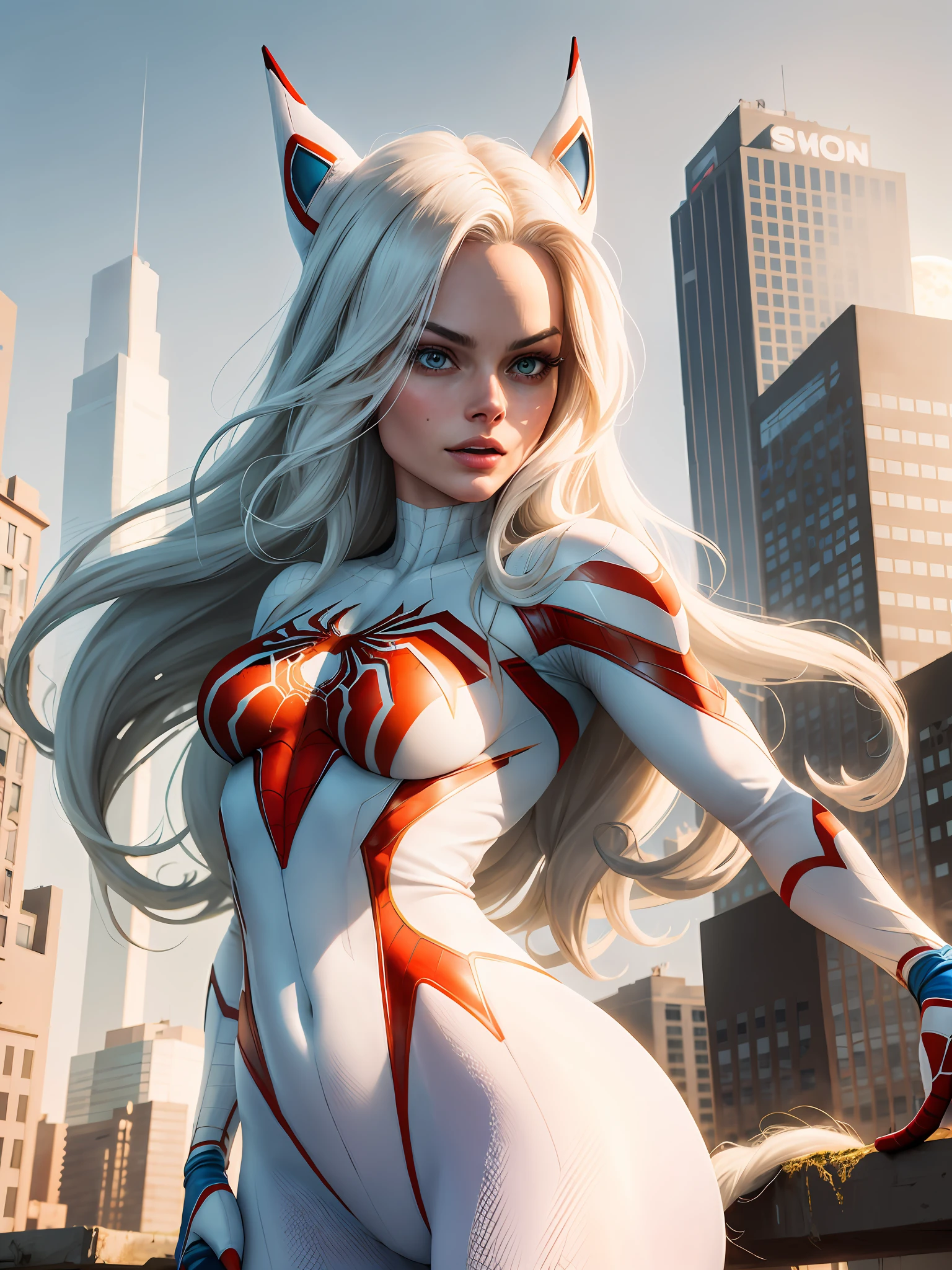 Margot Robbie (Masterpiece, 4k resolution, ultra-realistic, very detailed), (White superhero theme, charismatic, there's a girl at the top of town, wearing Spider-Man costume, she's a superhero), [ (25 years), (long white hair:1.2), full body, (blue eyes:1.2), ((Spider-Man pose),show of strength, jumping from one building to another), ((sandy urban environment):0.8)| (cityscape, at night, dynamic lights), (full moon))] # Explanation: The Prompt mainly describes a 4K painting of ultra-high definition, very realistic, very detailed. It shows a superheroine at the top of the city, wearing a Spider-Man costume. The theme in the painting is a white superhero theme, the female protagonist has long white hair, is 25 years old and her entire body is shown in the painting. In terms of portraying the actions of superheroines, spiders are employed