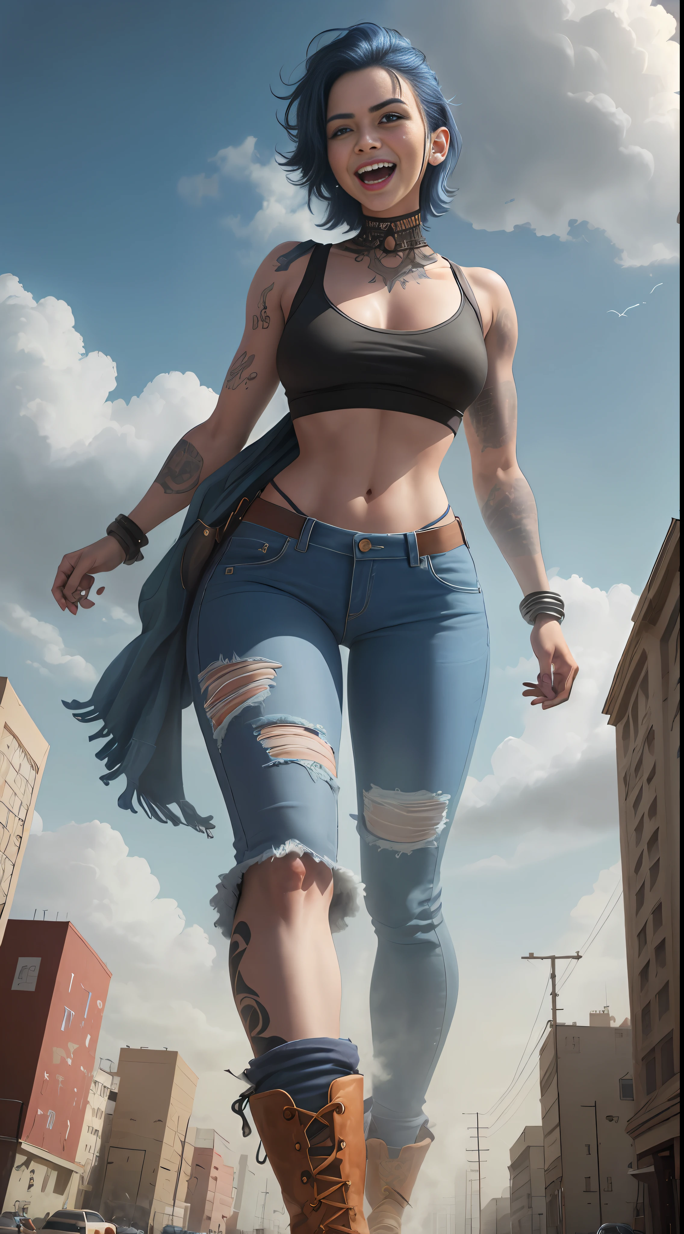 giantess art, giantess, crop top, jeans, hands raised, laughing, frowned eyebrows, runied, middle eastern city, mosque, blue colored short hair, smoke, sandstorm, (((towering over you))), (full body), feminist, lgbt, tattoos