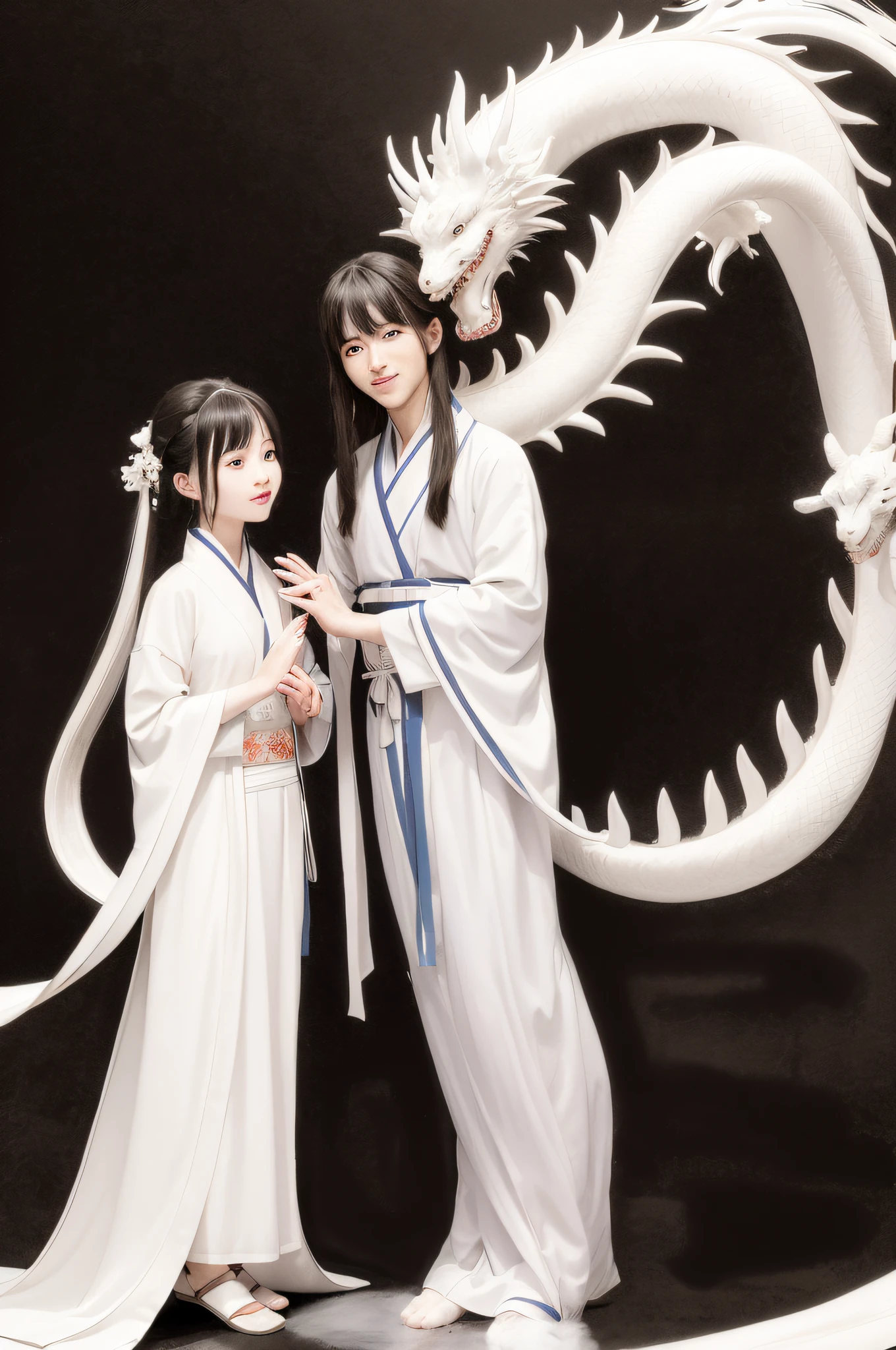 negative space, shuimobysim, masterpiece, best quality:1.2), traditional chinese ink painting,
peaceful, (smile), looking at viewer, wearing long hanfu, white hanfu,
A white dragon with hudge dragon head, A chinese dragon surrounded,