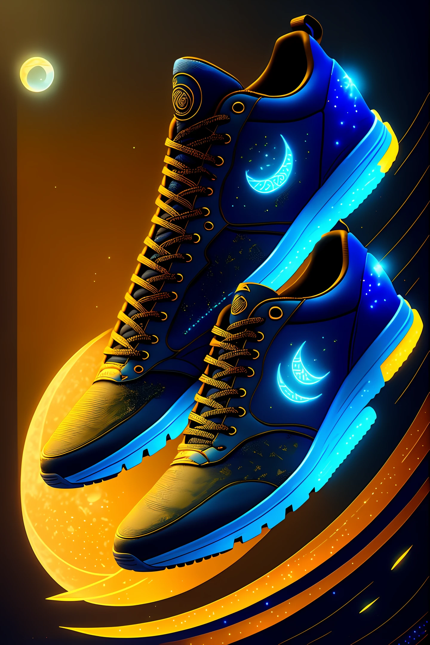 Cybepunks sneaker product pictures, spectacular renderings, octane rating, atmosphere, grain, soft volumetric light, (backlight: 1.3), (cinematic: 1.3), intricate details, (ArtStation: 1.3) flower bird wind moon pattern. Logo mark with the moon and stars overlapping