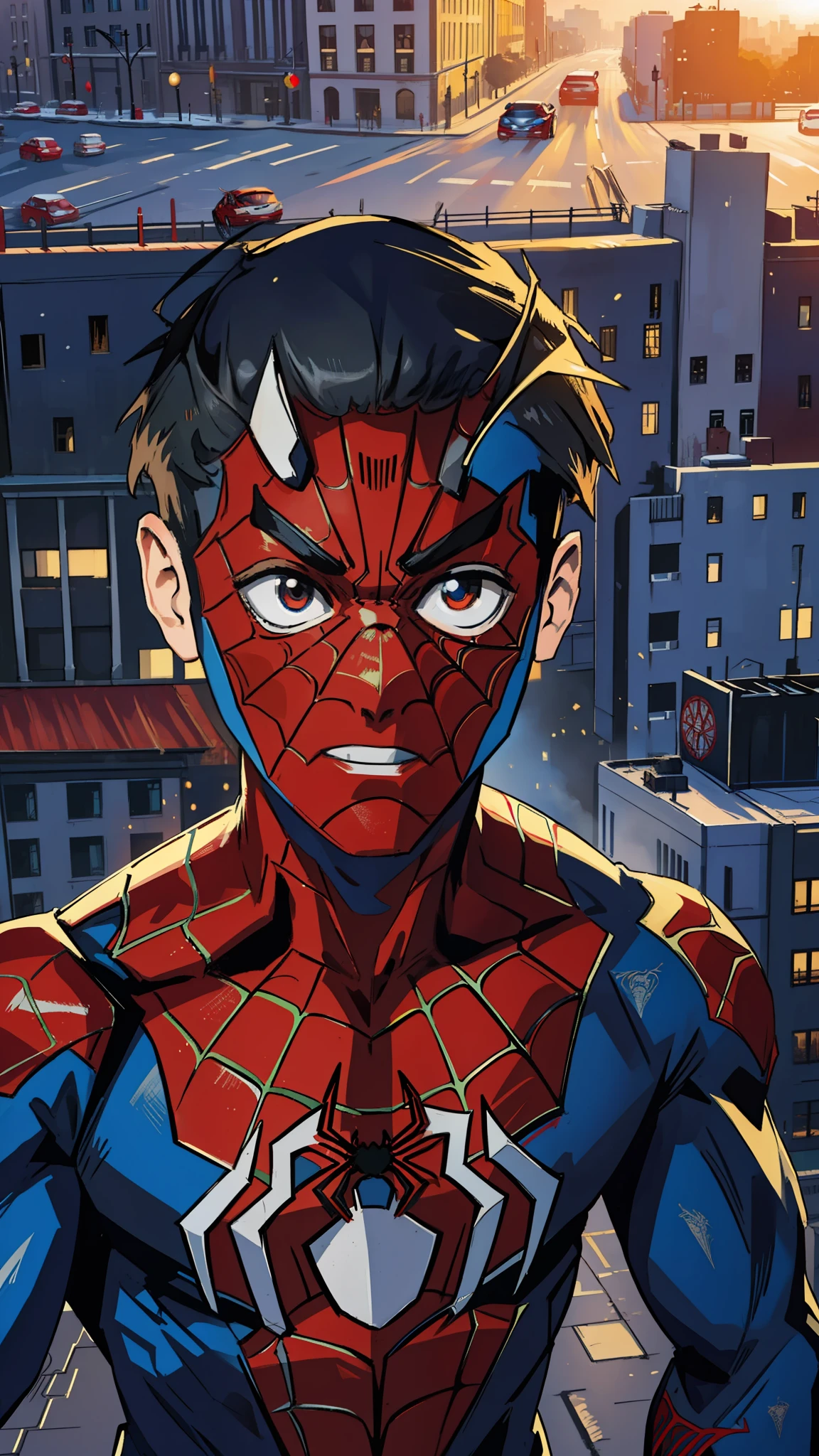 (masterpiece, best quality), intricate details, 8k, artstation, wallpaper, official art, splash art, sharp focus, spider-man outfit, spider man, anime
spider suit, spider web printing, spider web,
skyscrapers, city, buildings, cars, street,