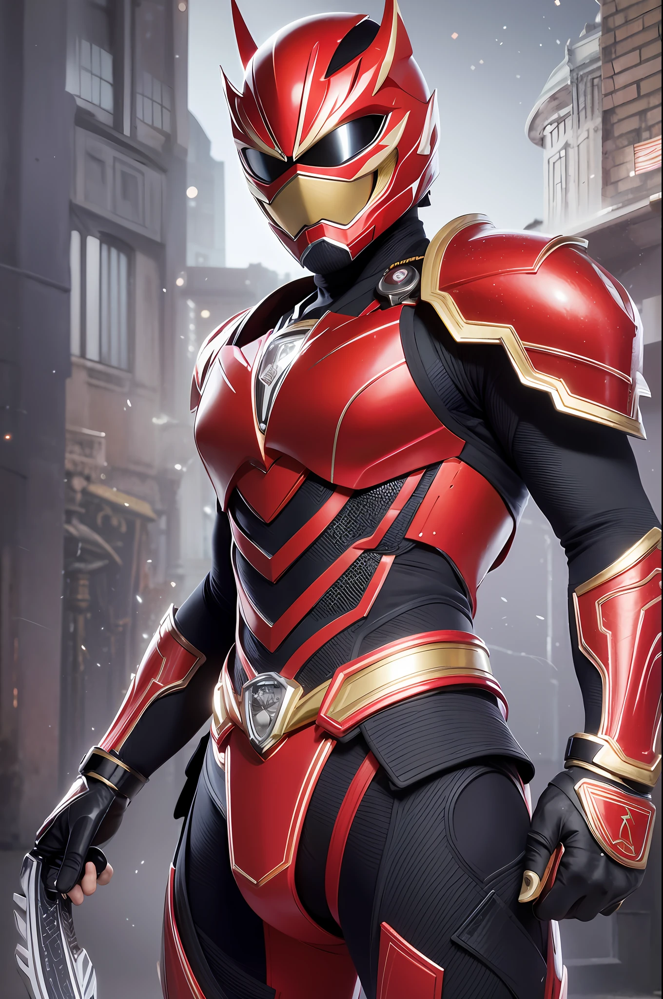 High definition image quality, 8k photo, intricate details: 1.2, cinematic lighting, there is a man in a red and gold costume holding a sword, tokusatsu, the red ninja, kamen rider character, fujin, mk ninja, power ranger, toei, the seventh secret power ranger, kamen rider, inspired by Yasutomo Oka, ninja, hidetaka tenjin, inspired by Ryūsei Kishida, , , , , --q 1, DSLR --v 6 --s2