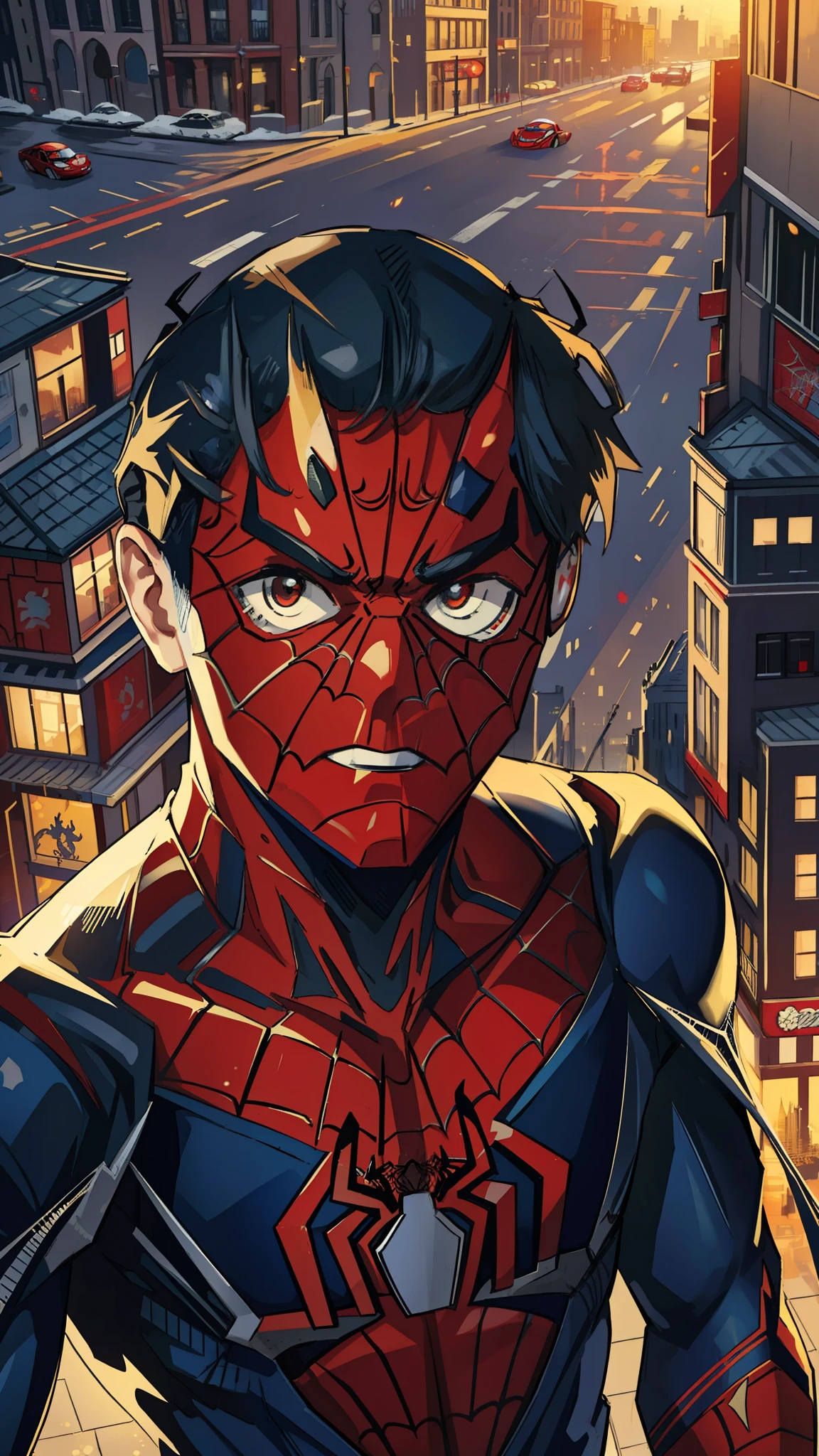 (masterpiece, best quality), intricate details, 8k, artstation, wallpaper, official art, splash art, sharp focus, spider-man outfit, spider man, anime 
 spider suit, spider web printing, spider web,  
skyscrapers, city, buildings, cars, street,
