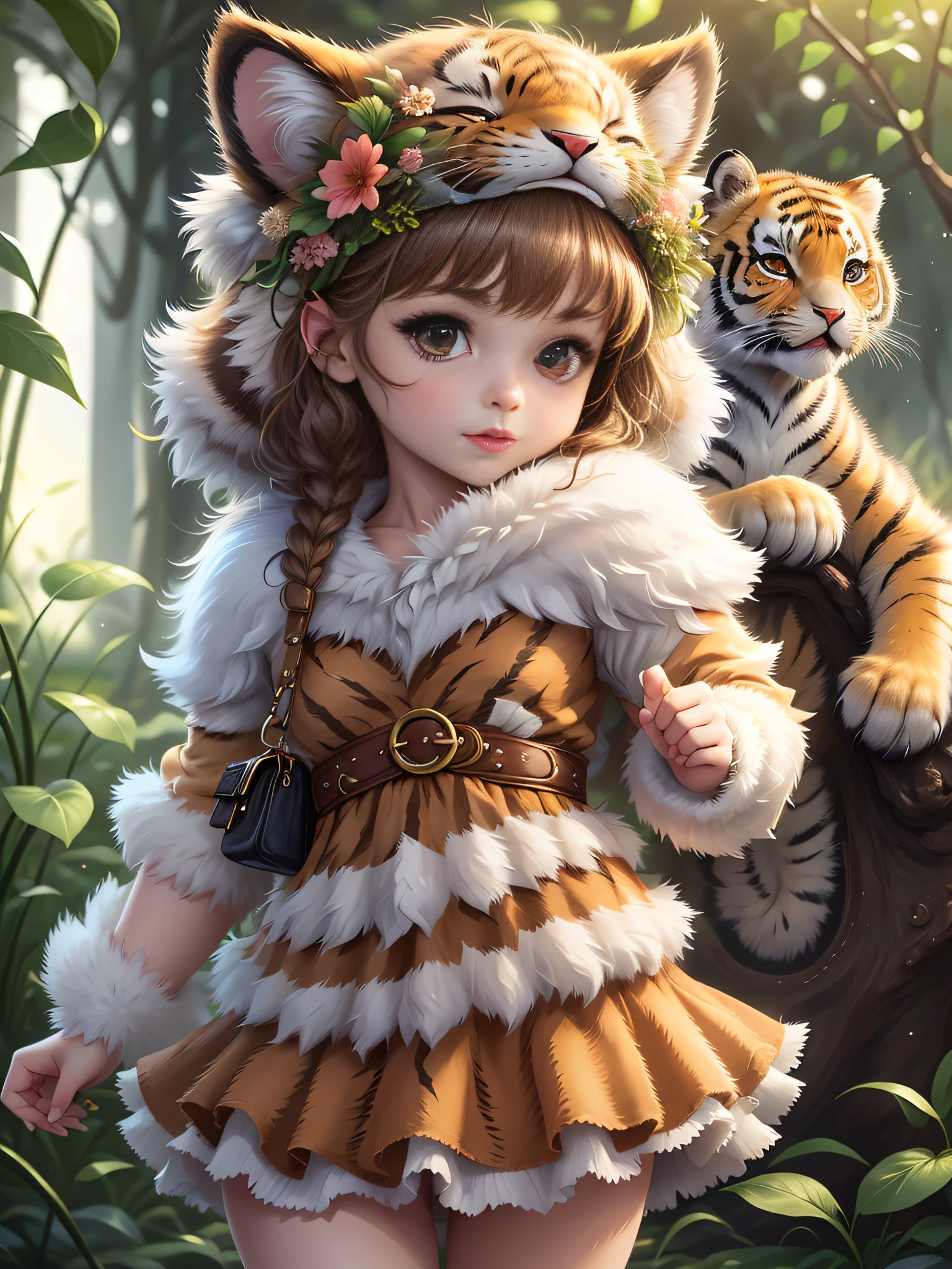 1 girl and a tiger photo, cute fur,