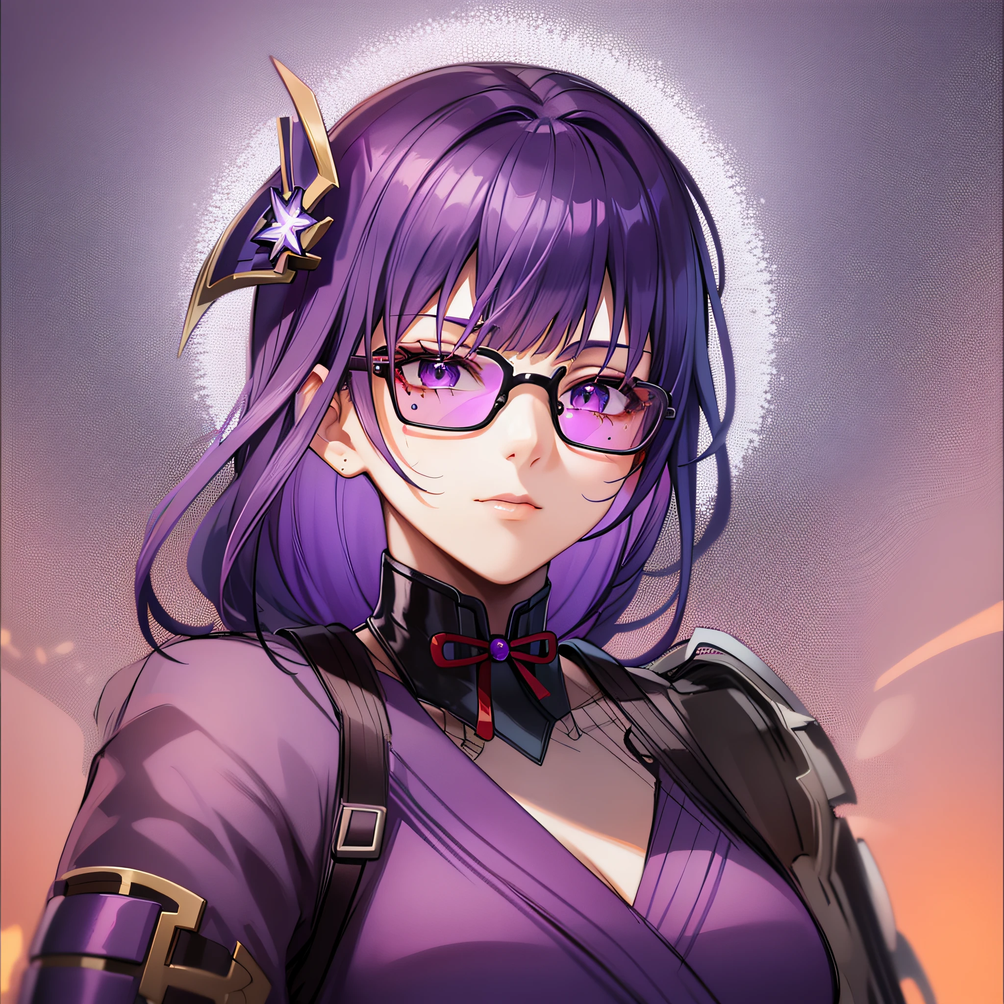 raiden shougn, purple hair, purple eyes, a girl wearing trendy orange sunglasses , with an orange background, portrait