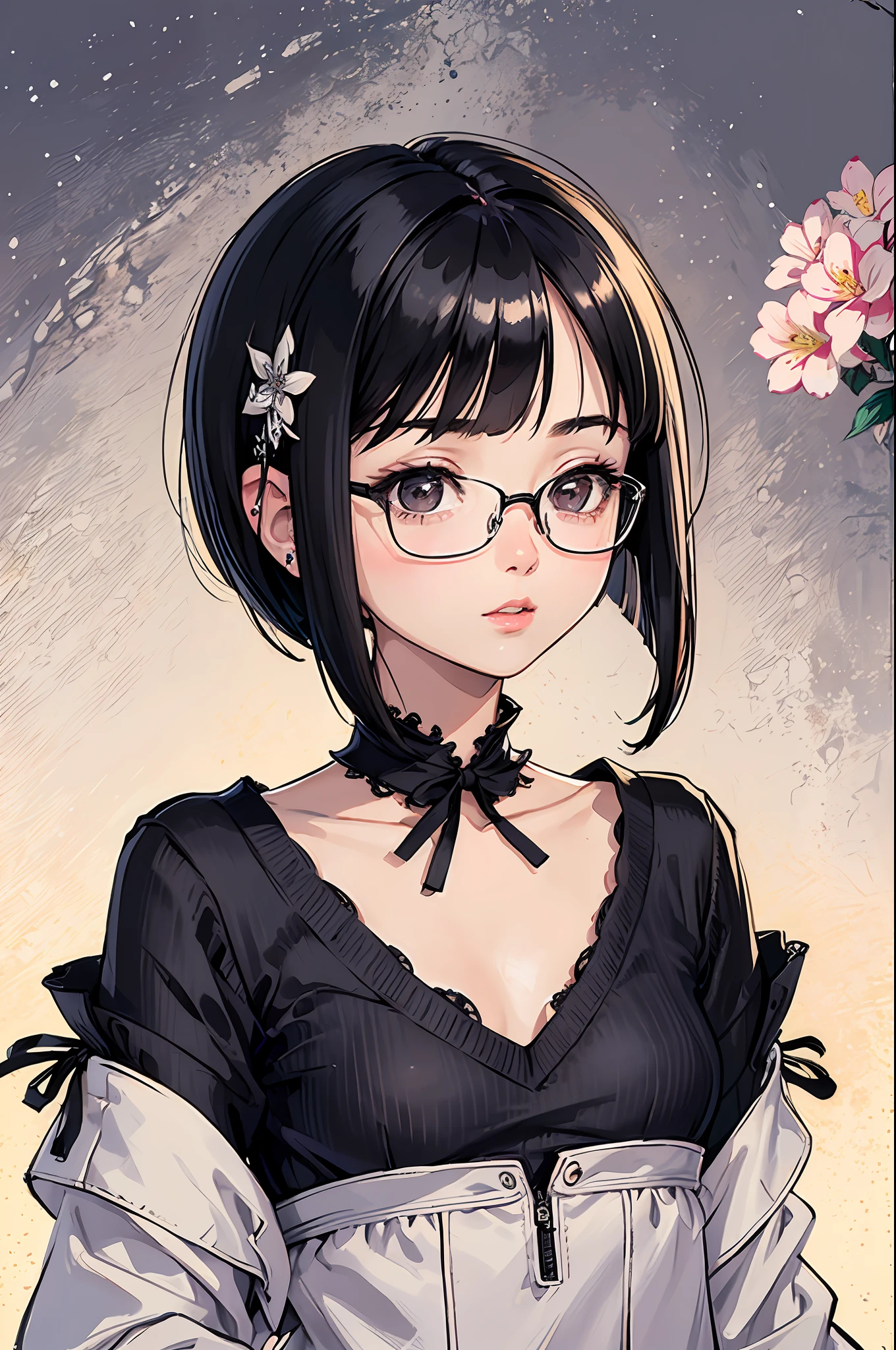 (Masterpiece: 1.2, highest quality), (lighting lighting) 1 Lady, Solo, Short Hair, Small, Small Breasts (Glossy Skin: 1.2), Upper Body, Glasses, Modern, Short Hair, Black Bob Cut Hair, Flowers in the Ears, Harajuku Style, Hairpin, Loli, V-neck Sweater, Scars on the Eyes