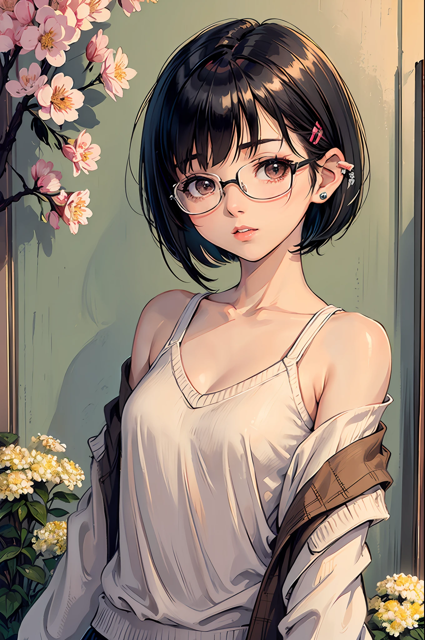 (Masterpiece: 1.2, highest quality), (lighting lighting) 1 Lady, Solo, Short Hair, Small, Small Breasts (Glossy Skin: 1.2), Upper Body, Glasses, Modern, Short Hair, Black Bob Cut Hair, Flowers in the Ears, Harajuku Style, Hairpin, Loli, V-neck Sweater, Scars on the Eyes