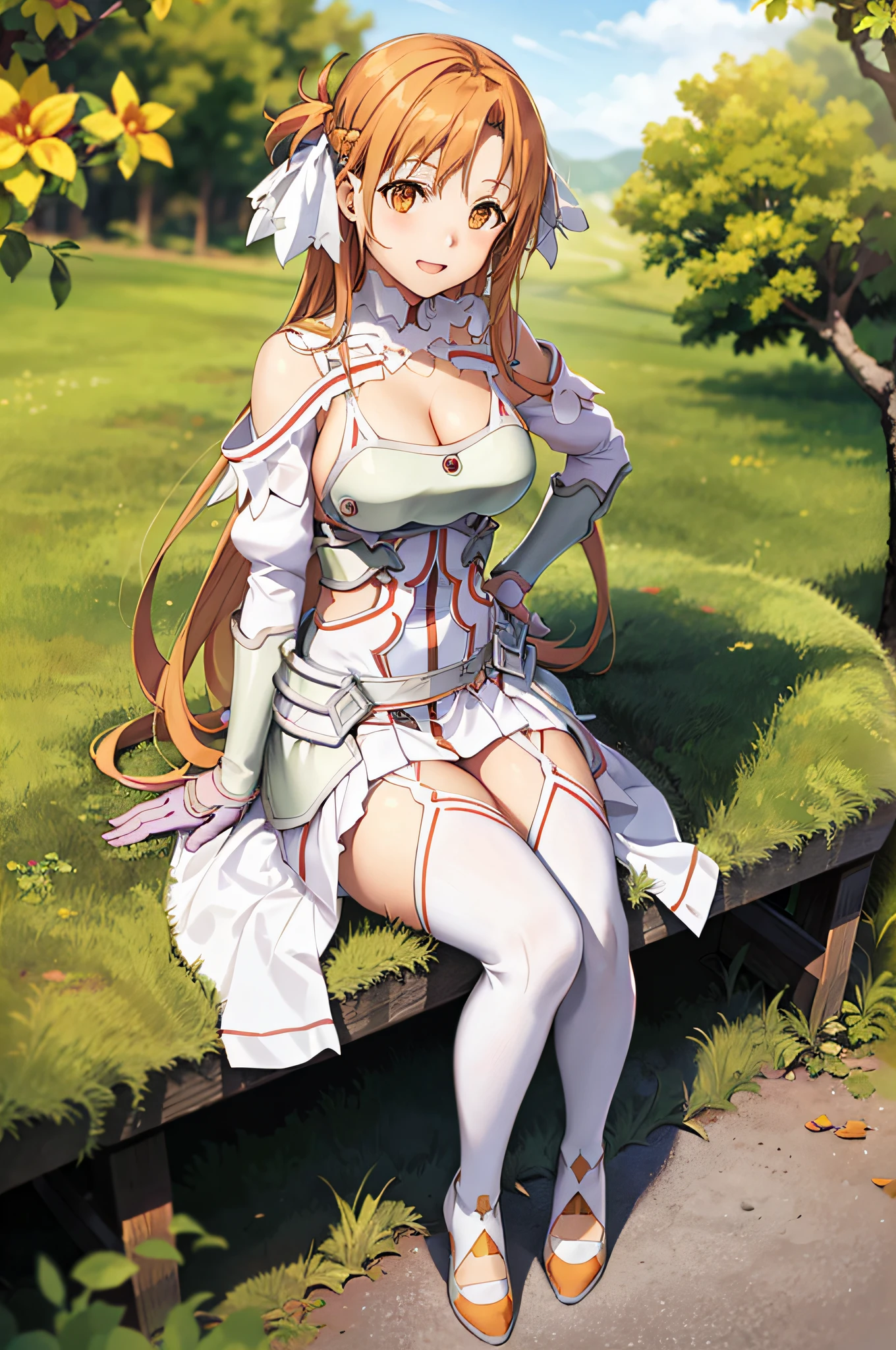 Masterpiece, Best Quality, Orange Bunny Girl, Asuna, asuna_\(sao\), 1girl, (Sexy pose:1.2), Fantasy, Hi-Res, Original, Real, (Excite), Landscape, close_up, upper_body, (Sit on grass), Smile, Solo, (:1.2), Long hair, (Big: 1.3), Watch Viewer, Smile, Open mouth, Bangs ,detailed eyes, beautiful background, (forest), hands on hips, orange hair, (legs spread:1.3), thighs, gloves, bunny soeur, (cleavage:1.4), bare shoulders, brown eyes, very long hair, standing, (full body: 1.5), white gloves, (chest open:1.5), white thighs, garter straps, orange stockings and breeze, abec