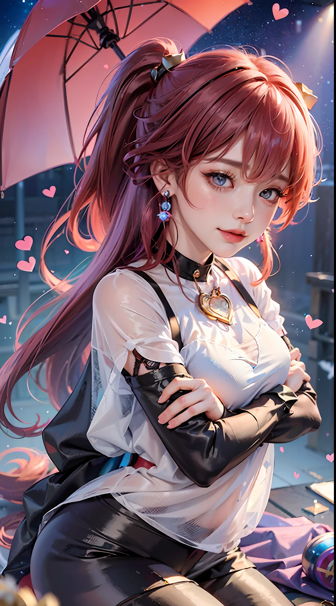 masterpiece, absurdres, Panorama, exquisite facial features, prefect face, shiny skin, (((bunny girl))), solo, (((bar censor))), (thick lips), (((blush))), (scared), (((nose blush))), (light smile), ((long hair)), ((red hair)), (blue hair), (rainbow-like hair), (((high ponytail))), (((heart hair ornament))), (choker), (metal collar), (drop earrings), (sapphire brooch), (((mini crown))), (((T-shirt))), (((transparent clothes))), (((black leggings))), wet clothes, ((cape)), (leaning forward), (holding cup), (((bar))), (((genshin impact))), (((short shorts))), (((cow horns))), ((((hugging own legs)))), cat pose, holding book, holding wand, holding umbrella, holding flower, object hug, holding heart, indoor, gym, laboratory, library, stars, universe, azur lane, dreamlike, opal render, ((4koma)), (album cover)