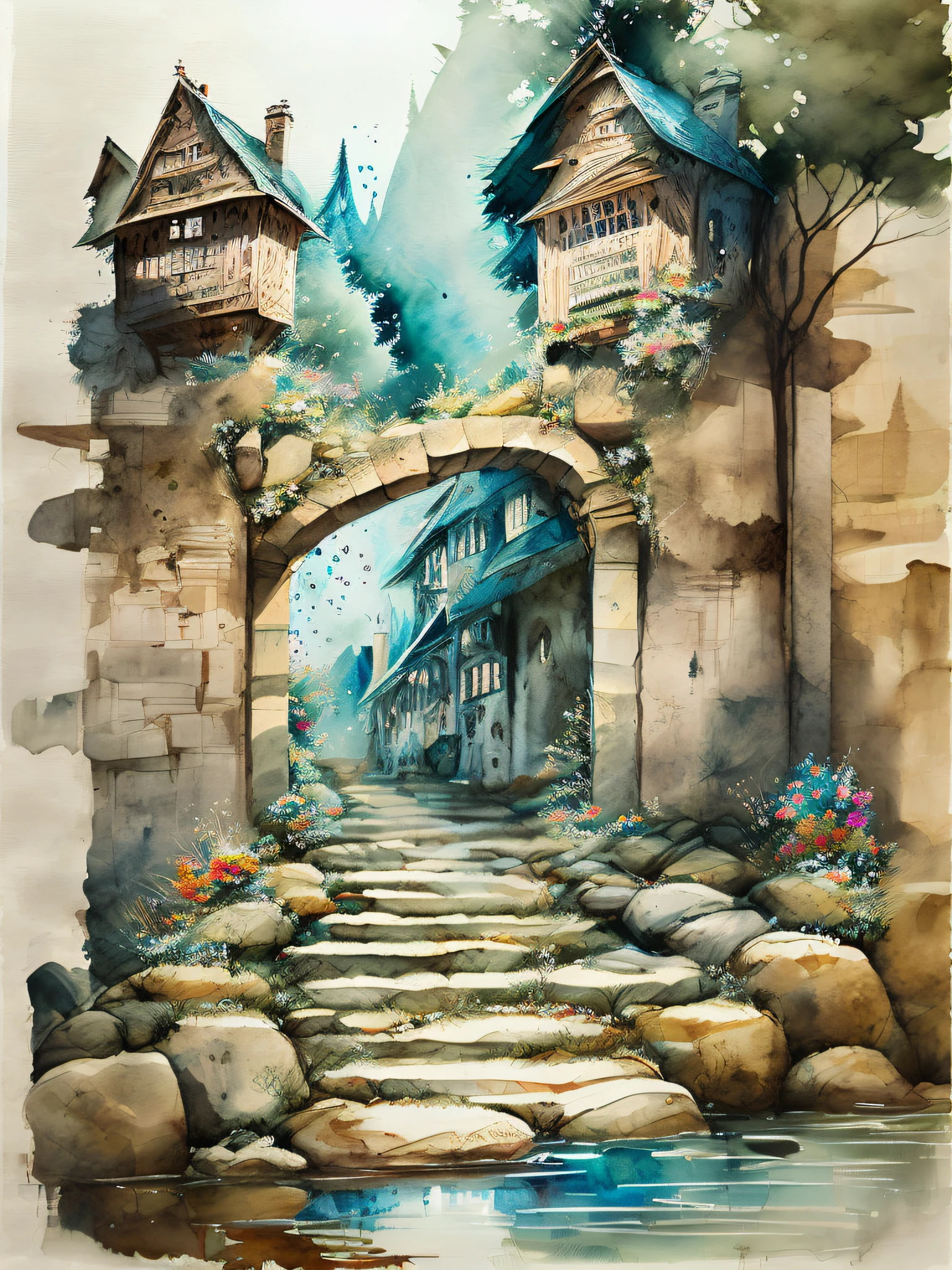 miaobishenghua  , [(white background:1.5)::5], 1 girl, mid shot, full body, butterflies, flowers,floating petal,stone fragment, beautiful detailed water,cloud,sun,dusk,sunset,beautiful detailed gate,