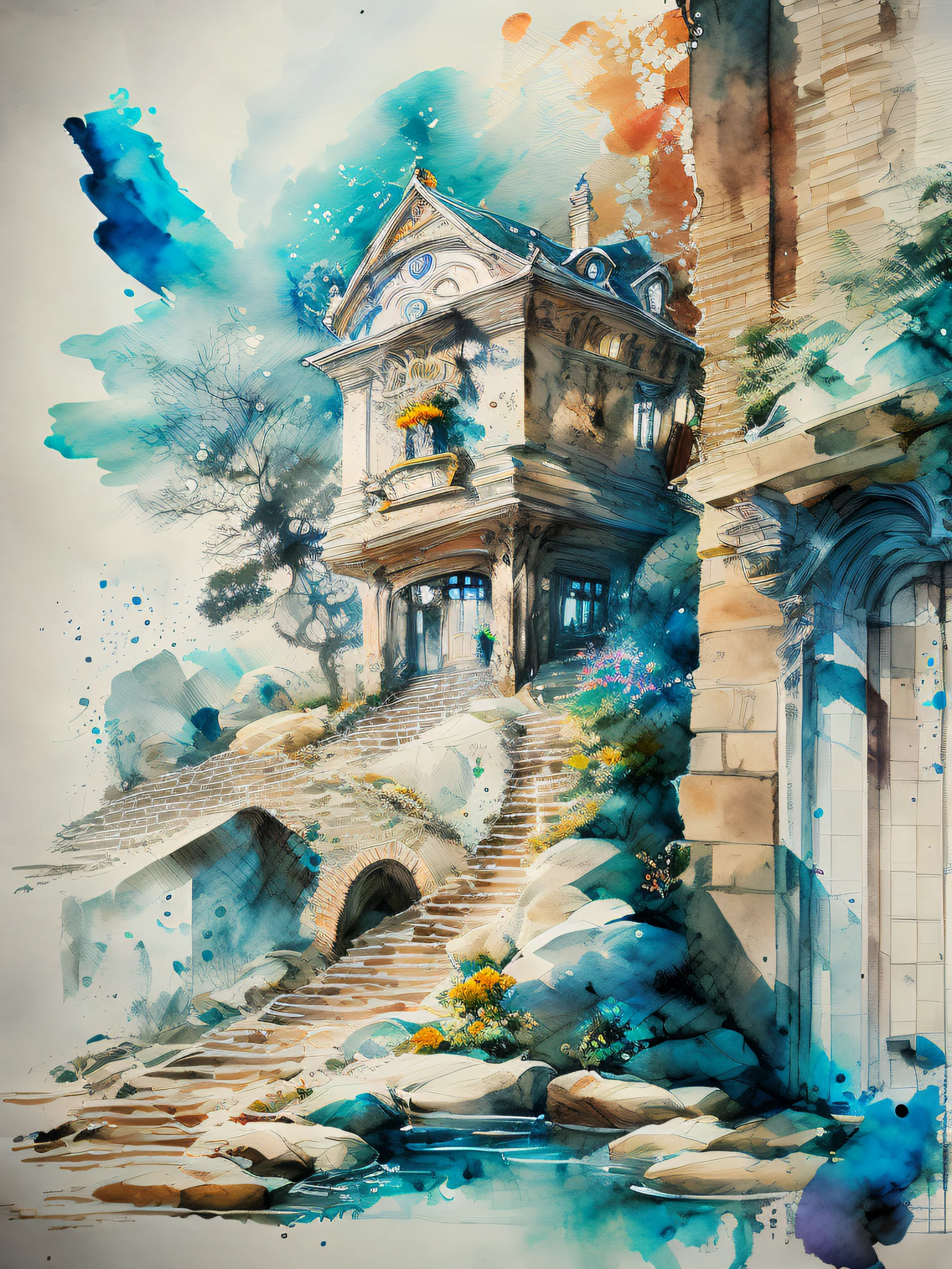 miaobishenghua  , [(white background:1.5)::5], 1 girl, mid shot, full body, butterflies, flowers,floating petal,stone fragment, beautiful detailed water,cloud,sun,dusk,sunset,beautiful detailed gate,