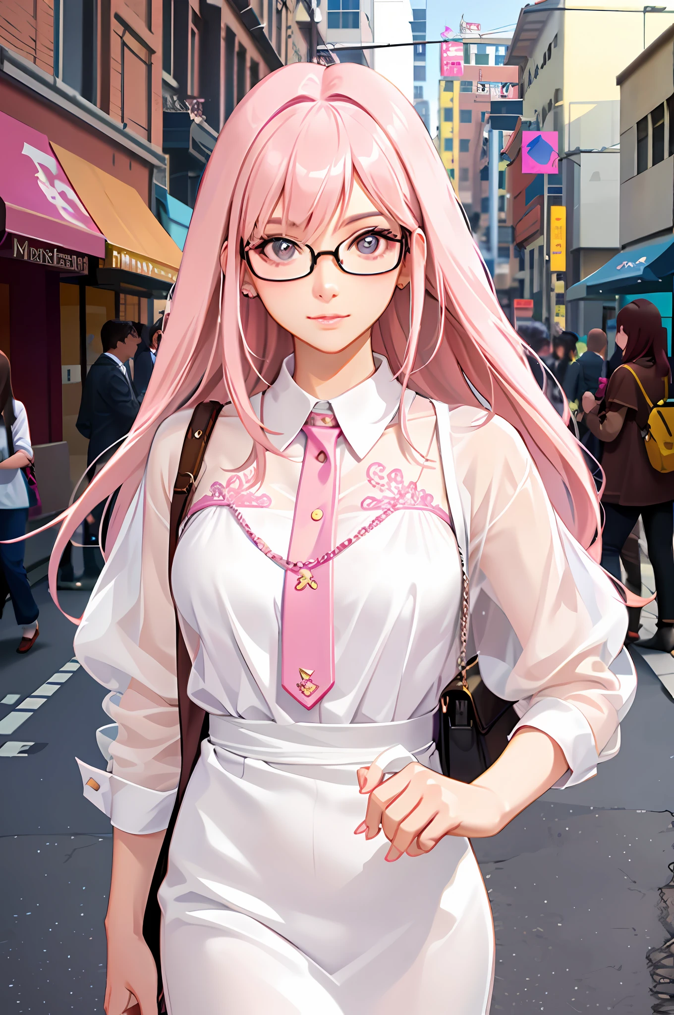 Best quality, high quality texture, delicate, realistic face, fine skin, girly, sexy, mix-and-match, model, illustration, portrait, completely realistic, pink hair, makima, glasses, european street, street light, well-dressed, pink leather bag
