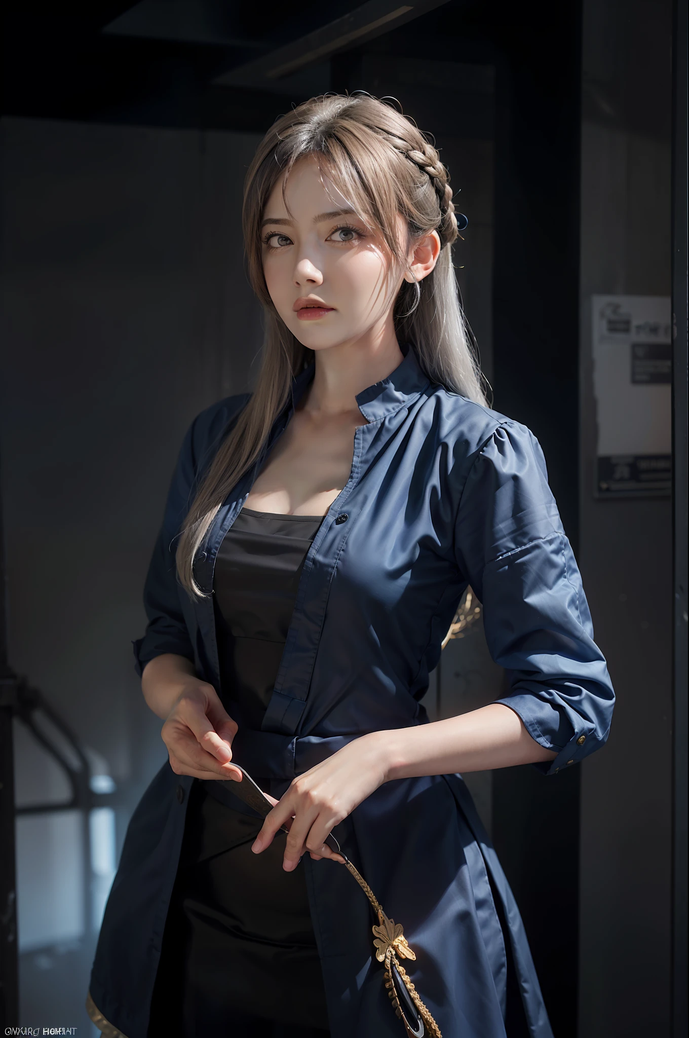 Hyperrealist portrait of female by david hockney and alphonse mucha,fantasy art, photo realistic, dynamic lighting, artstation, poster, volumetric lighting, very detailed faces, 4 k, award winning,, 1girl, in the dark, deep shadow, low key,cowboy shot,(official clothing:1.4) ,long hair,white hair,
