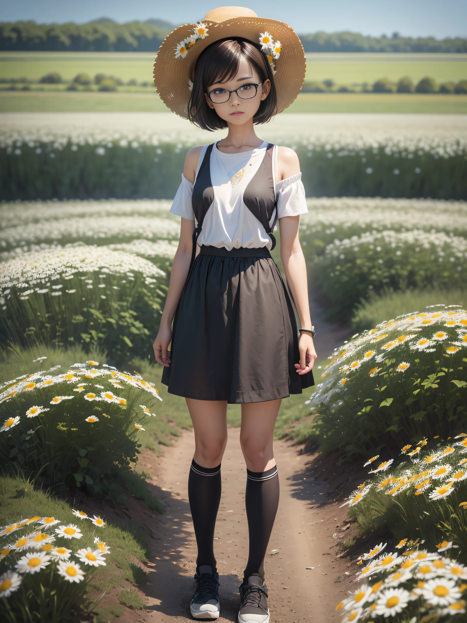 (RAW photo:1.2),(photorealistic:1.4),(masterpiece:1.3),(best quality:1.4),ultra high res, HDR,8k resolution, 1 girl, happy, Asian, shoulder length short brown hair, black hat, glasses, skinny, small breasts, white T-shirt, black sundress trouser, high white socks, black shoes, (detailed eyes),(detailed facial features), (detailed clothes features),(full body),standing in the middle of a field of daisies,landscape --auto --s2