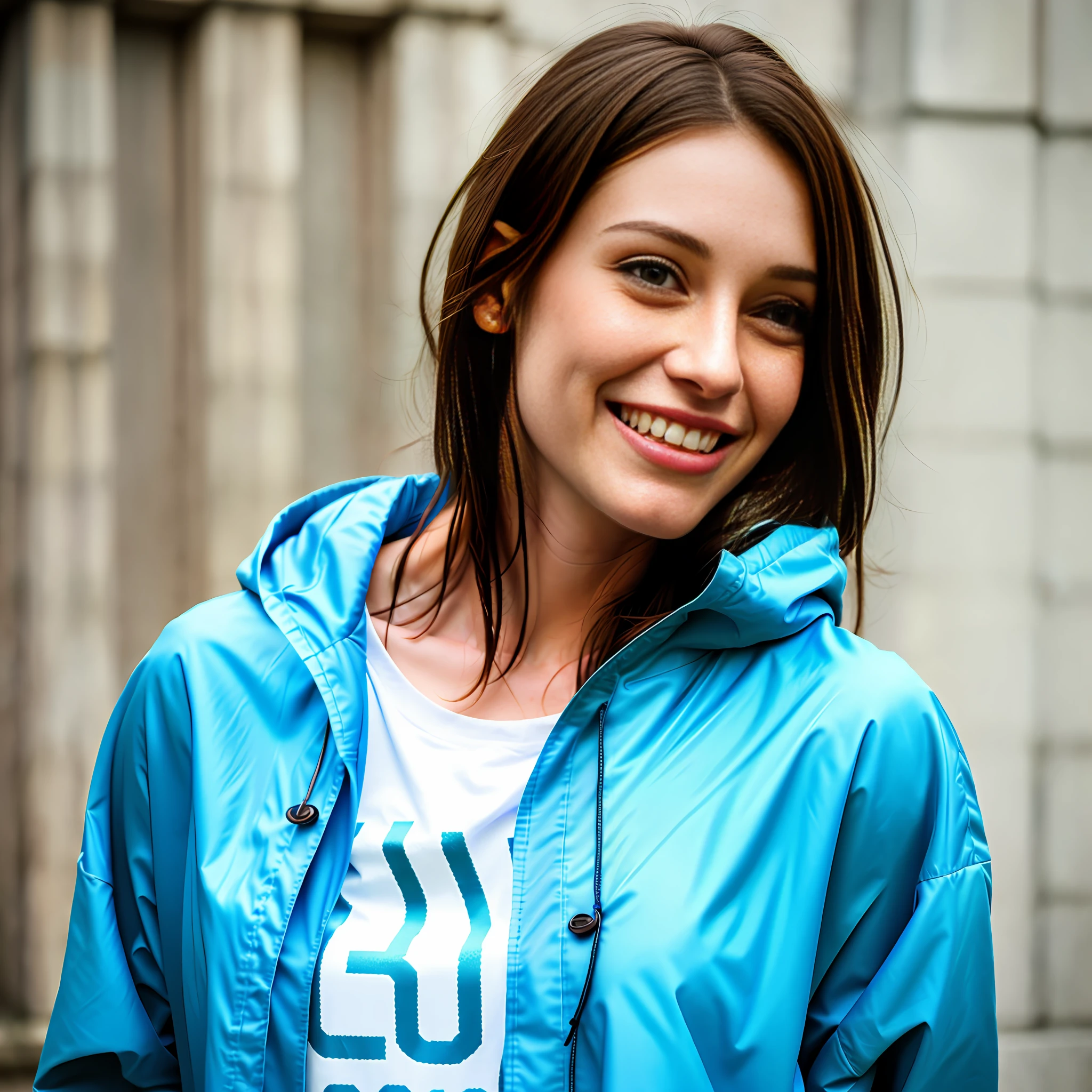 Woman, 28 years old, brown hair, European, showing her tongue, happy, wearing a long closed blue raincoat, Tshirt, photorealistic, masterpiece, close photo, 8k, ultradetailed