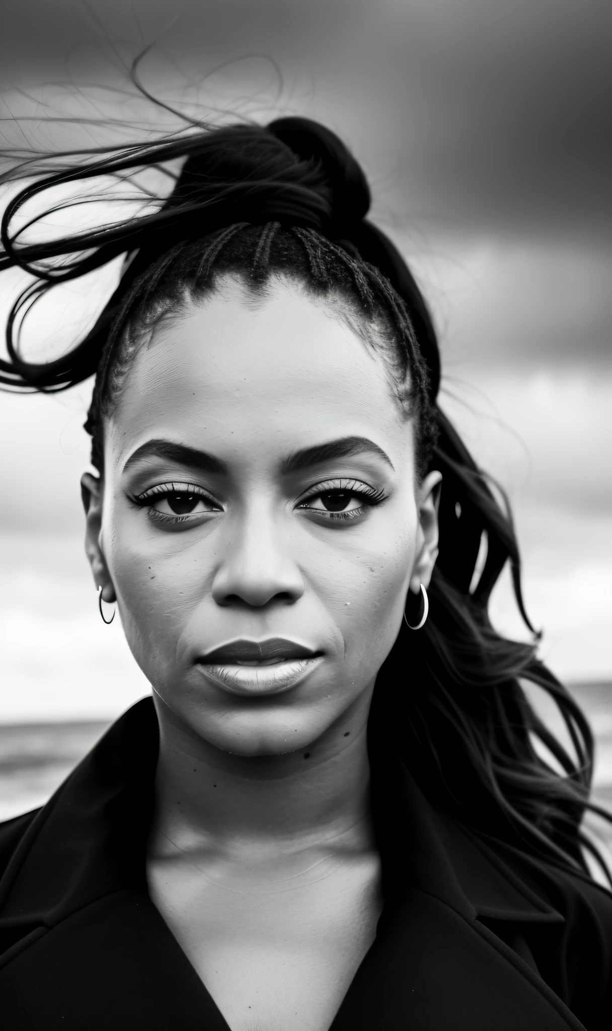 black and white photo of Beyoncé in black clothes, face, half body, body, highly detailed skin, skin pores, coastline, cloudy weather, wind, waves, 8k uhd, Dslr, soft lighting, high quality, film grain, Fujifilm XT3