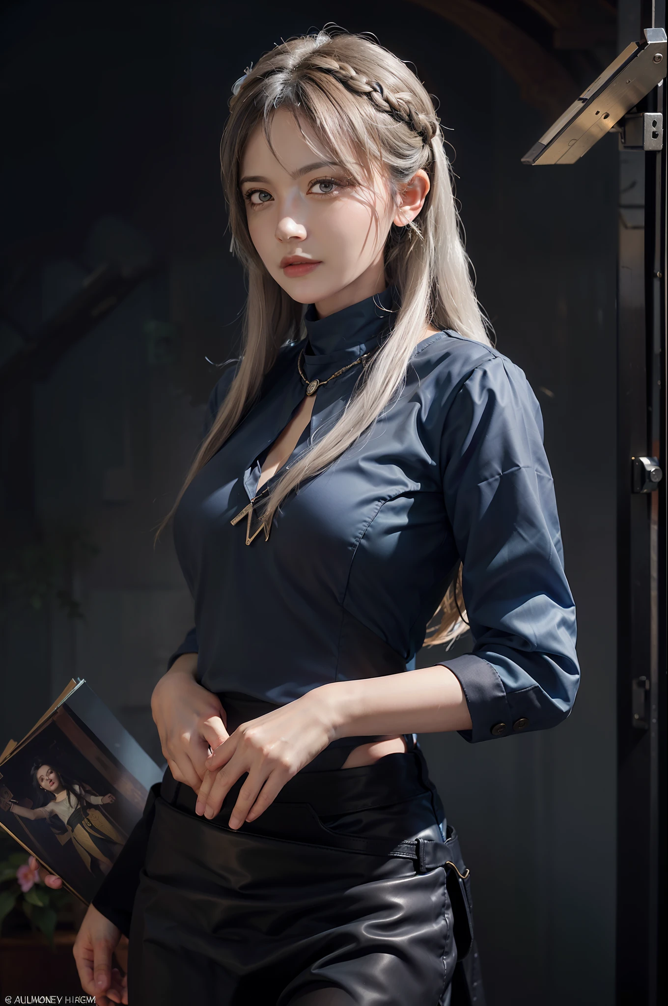 Hyperrealist portrait of female by david hockney and alphonse mucha,fantasy art, photo realistic, dynamic lighting, artstation, poster, volumetric lighting, very detailed faces, 4 k, award winning,, 1girl, in the dark, deep shadow, low key,cowboy shot,(official clothing:1.4) ,long hair,white hair,