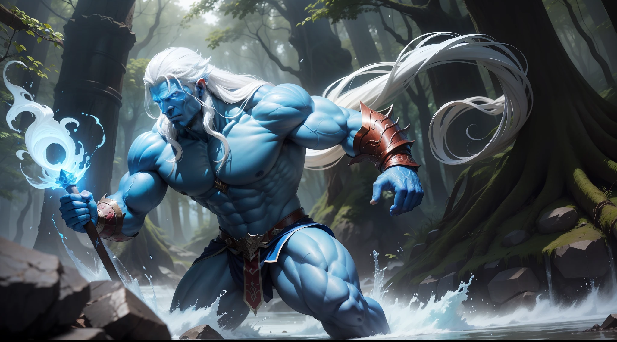 a muscular mythological being extremely strong, blue translucent skin, red eyes, long white hair, wearing water armor, powerful, able to control nature, around which trees emerging impacting the ground with magic,