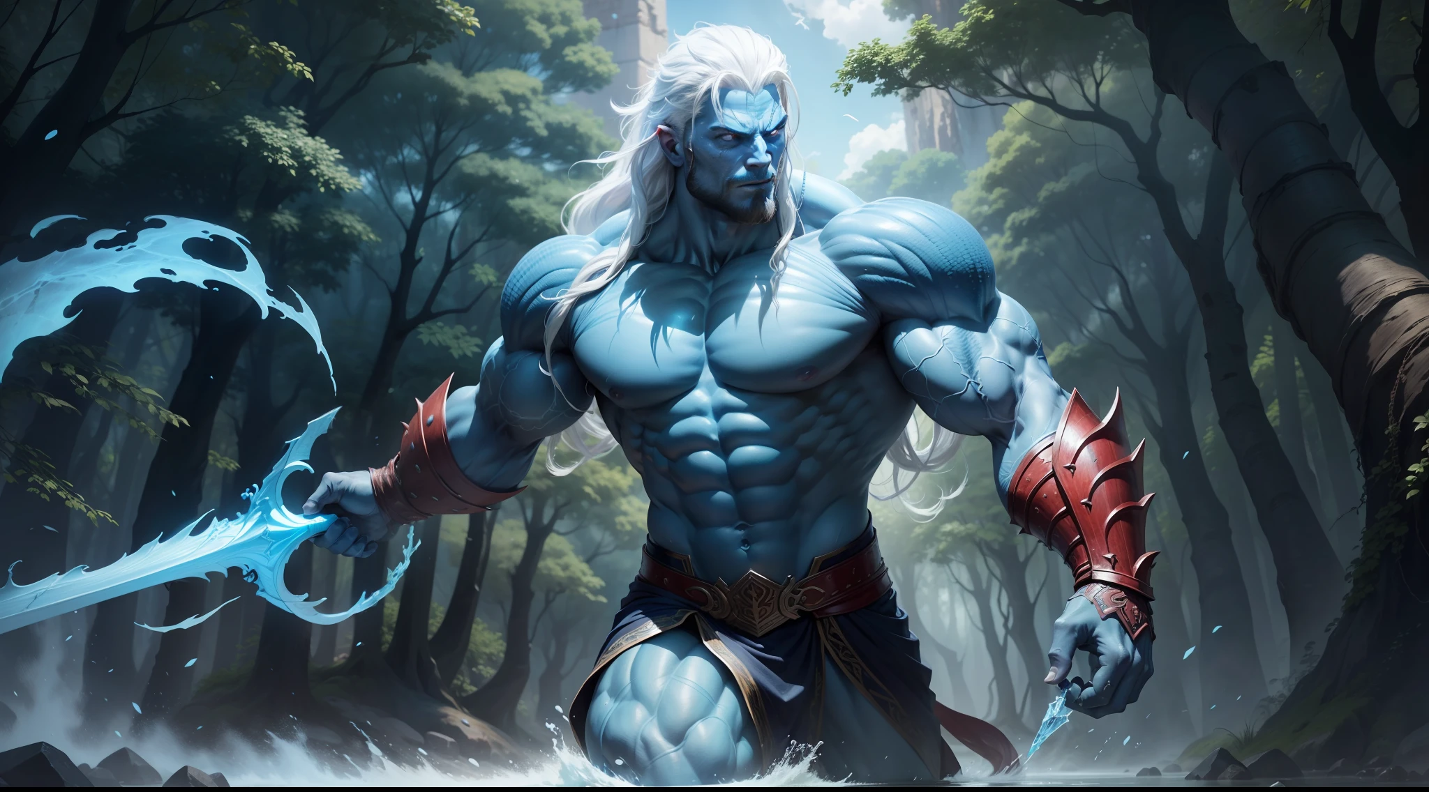a muscular mythological being extremely strong, blue scaly translucent skin, red eyes, long white hair,wearing water armor, powerful, able to control nature, around which trees emerging impacting the ground with magic,
