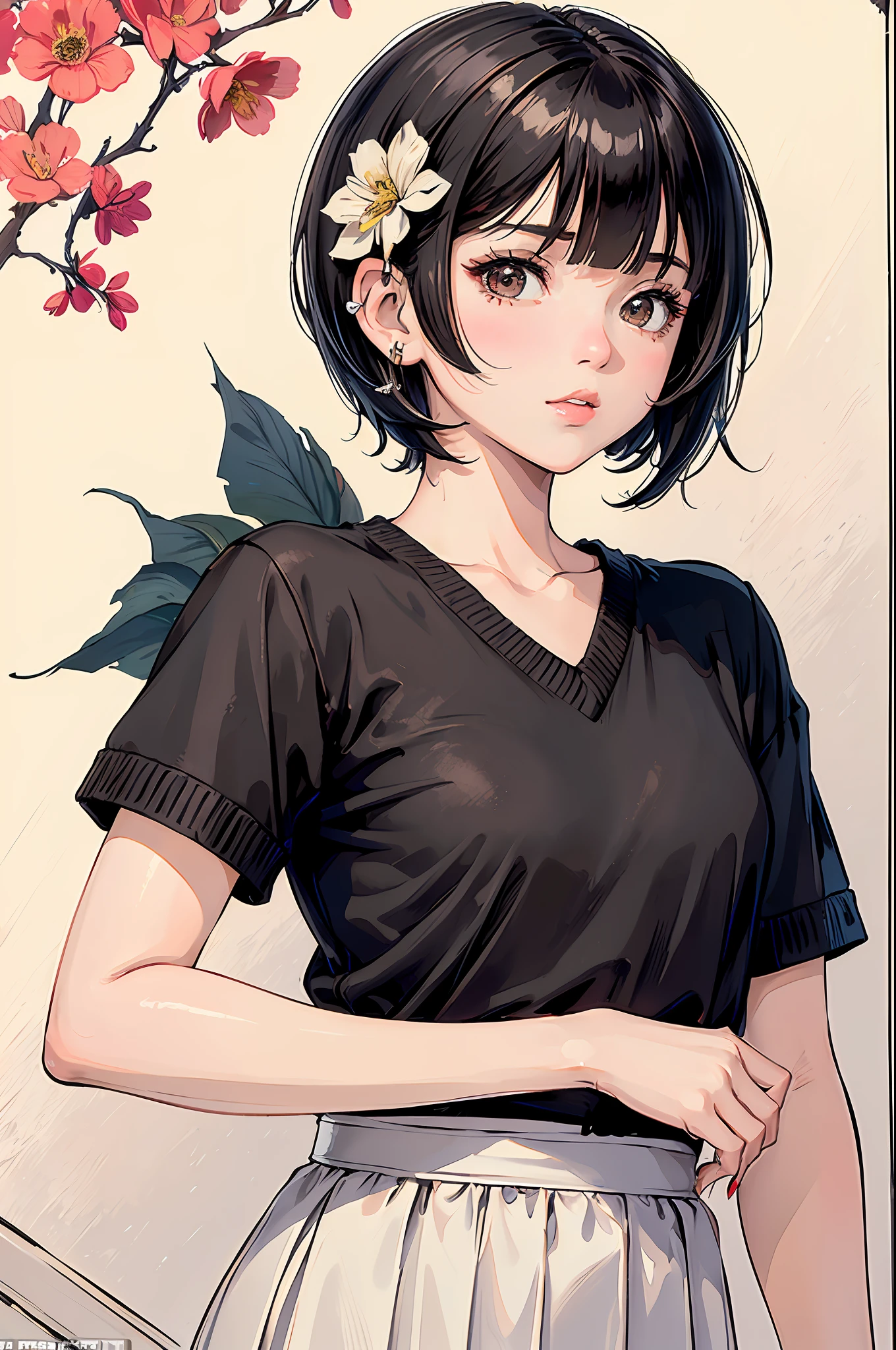 (Masterpiece: 1.2, highest quality), (lighting lighting) 1 Lady, Solo, Short Hair, Small, Small Breasts (Glossy Skin: 1.2), Upper Body, Modern, Short Hair, Black Bob Cut Hair, Flowers in the Ears, Harajuku Style, Hairpin, Loli, V-neck Sweater, Carp Girl,