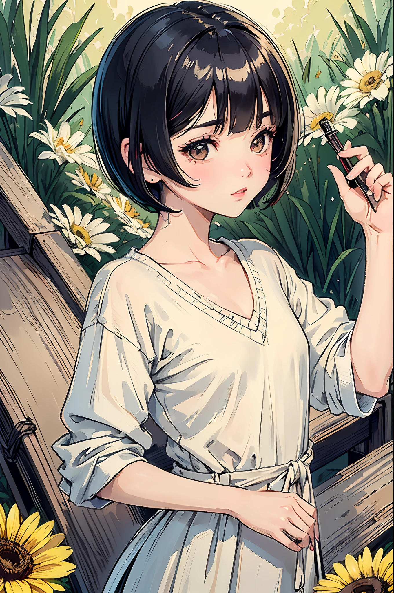 (Masterpiece: 1.2, highest quality), (lighting lighting) 1 Lady, Solo, Short Hair, Small, Small Breasts (Glossy Skin: 1.2), Upper Body, Modern, Short Hair, Black Bob Cut Hair, Flowers in the Ears, Harajuku Style, Hairpin, Loli, V-neck Sweater, Carp Girl,