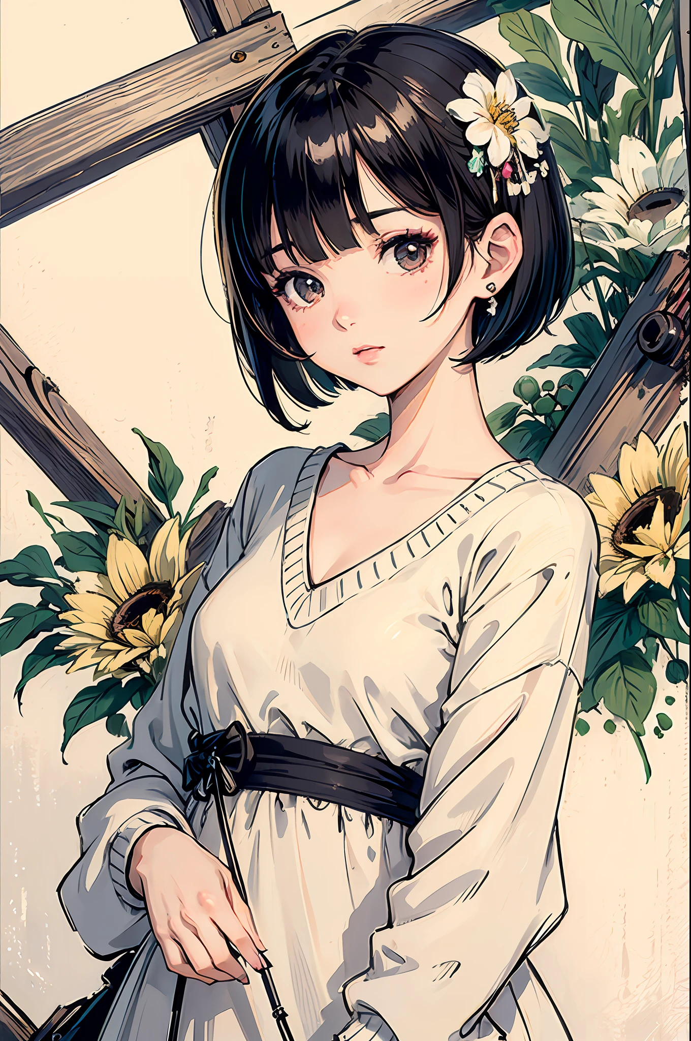 (Masterpiece: 1.2, highest quality), (lighting lighting) 1 Lady, Solo, Short Hair, Small, Small Breasts (Glossy Skin: 1.2), Upper Body, Modern, Short Hair, Black Bob Cut Hair, Flowers in the Ears, Harajuku Style, Hairpin, Loli, V-neck Sweater, Carp Girl,