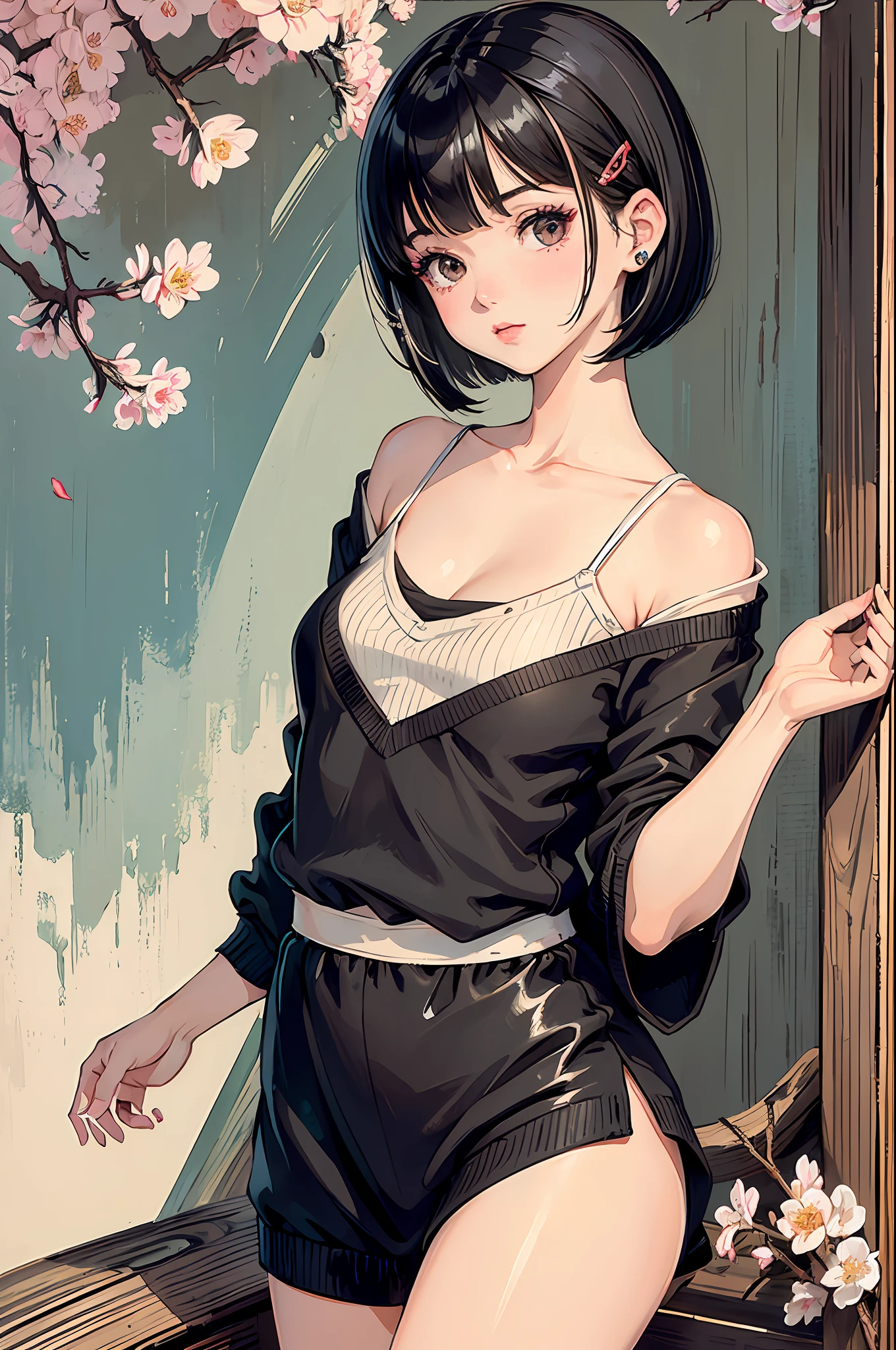 (Masterpiece: 1.2, highest quality), (lighting lighting) 1 Lady, Solo, Short Hair, Small, Small Breasts (Glossy Skin: 1.2), Upper Body, Modern, Short Hair, Black Bob Cut Hair, Flowers in the Ears, Harajuku Style, Hairpin, Loli, V-neck Sweater, Carp Girl,