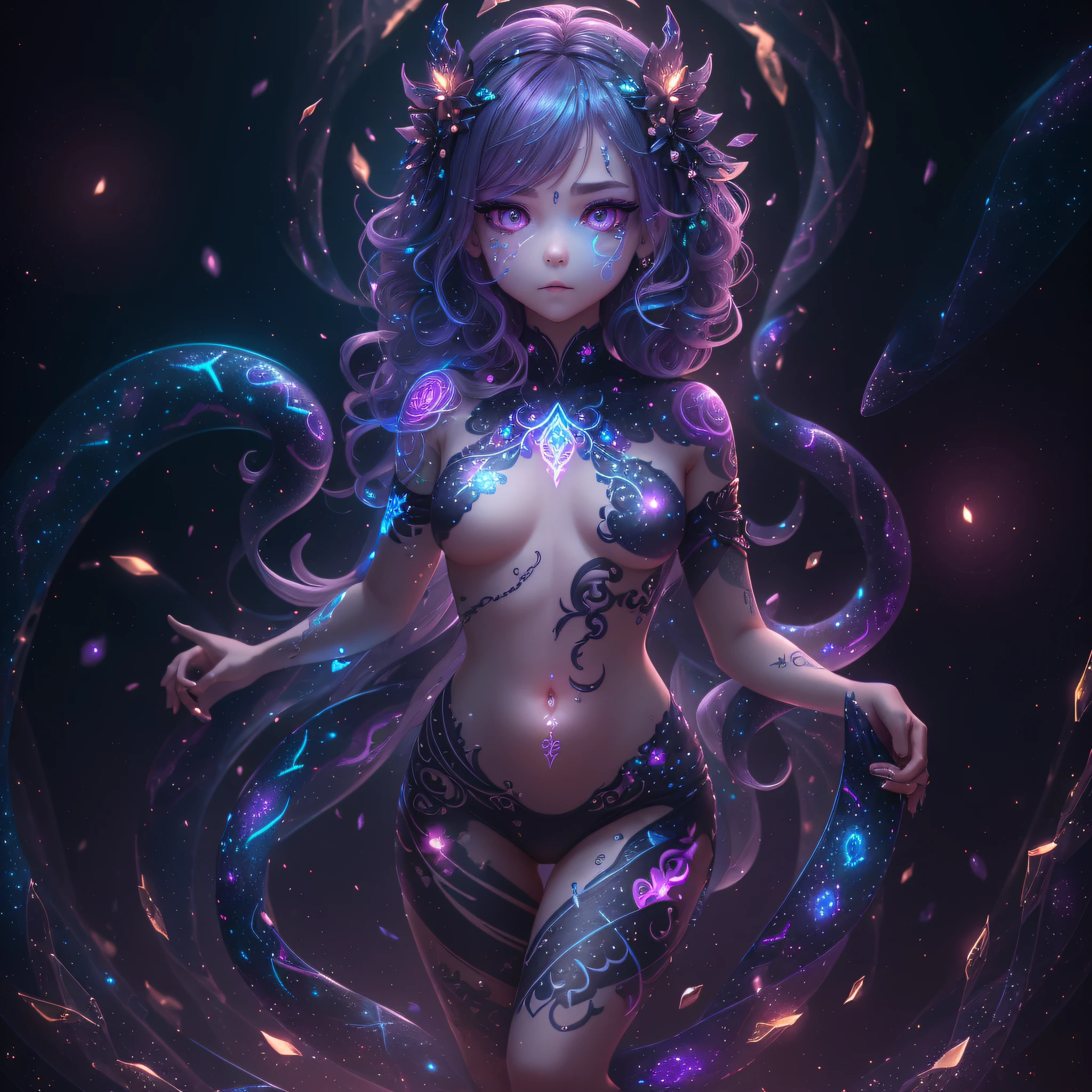 A full body glowing tattoo hair is a woman with countless little snakes, full body portrait, (8K, best quality, masterpiece: 1.2), super detailed, (professional lighting, lens), colorful hair, sacred, evil, depraved, dreamy, (light particles, lens flares, glowing particles: 0.6), (dynamic pose), mirror lighting, soft lighting, looking at the viewer, depth of field, (small head: 1.4), (CG illustration), (very delicate and beautiful), (cute and delicate face), ((floating)), expressionless face, (character focus), slime, chaos, evil god, indescribable, glowing pink eyes, heterochromic pupils, lamia, tentacles, enveloping tattoo on legs, pink glowing tattoo, purple glowing tattoo, small amount of blue pattern, small amount of white pattern, black snake scale decoration, small amount of gold decoration, small amount of blue decoration, colored eyeshadow, colored eyelashes, SFW, chromatic aberration, (super detailed), psychological light, (all glowing tattoos on chest, belly and leg), dream starry sky decoration, three views, Set graphs, multiple views, --auto --s2
