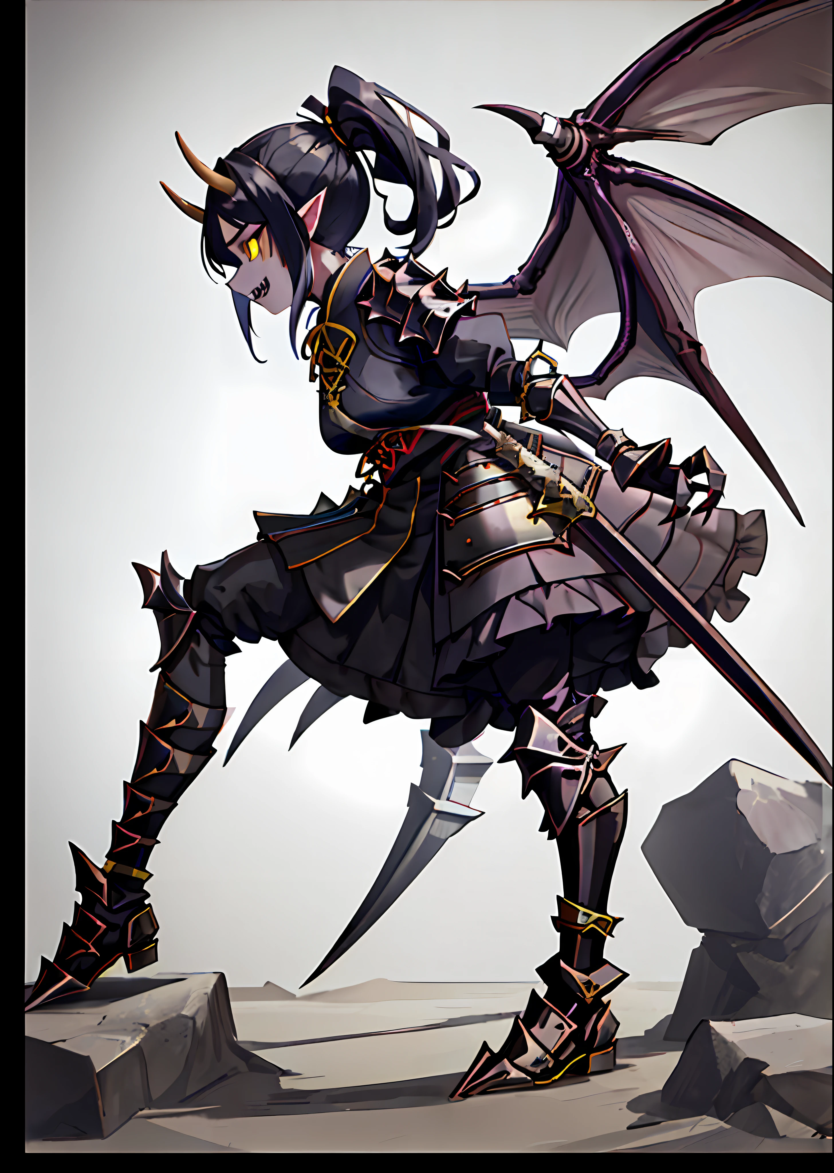 1girl,monster girl,absurdres,(solo:1.8),(dragon+(demon:0.8)),
gradient background,
spikes,holding weapon,sword,
claws,wings,sharp teeth,horns, slit mouth, detailed eyes, black hair, yellow eyes, ponytail, black and red samurai armor, (front facing profile) masterpiece, best quality