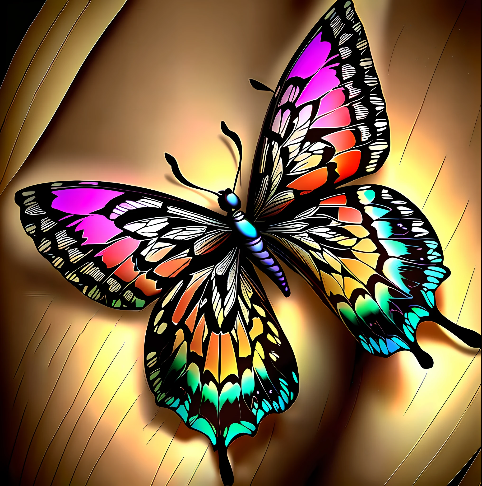 Yellow butterfly on black background with wings. Super detailed, fine illustration, butterfly, beautiful open wings, glowing height, highly detailed, colorful highly detailed, sculpted vector, detailed wings, transparent wings, highly detailed dark color, butterfly wings, symmetrical wings, huge highly detailed wings, highly detailed sketch, black dark background