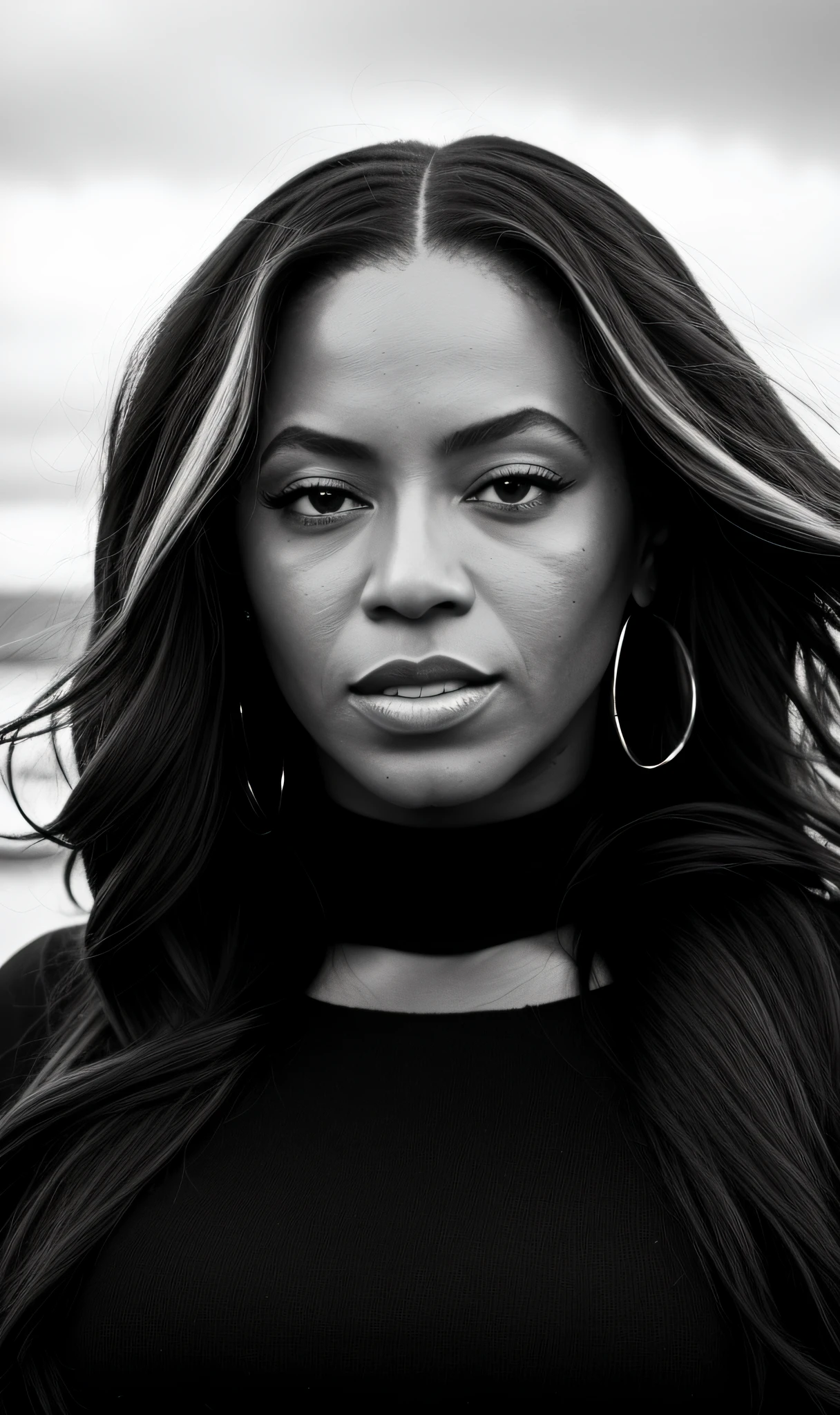 black and white photo of Beyoncé in black clothes, face, half body, body, highly detailed skin, skin pores, coastline, cloudy weather, wind, waves, 8k uhd, Dslr, soft lighting, high quality, film grain, Fujifilm XT3
