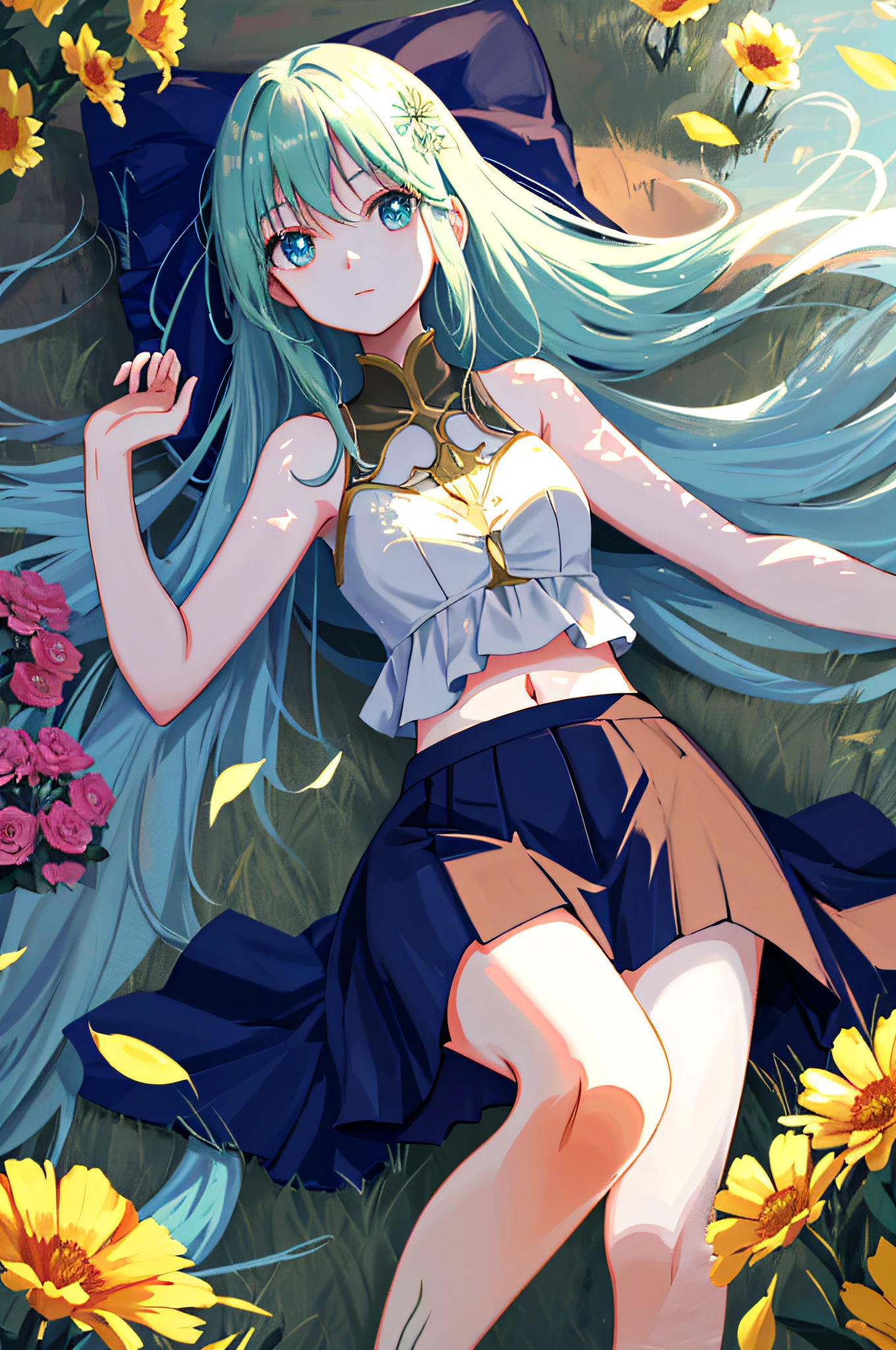 anime,UHD, anatomically correct, textured skin, best quality,an extremely delicate and beautiful girl,age 22, fascinating and fine face, lively and beautidul eyes, slim figure, lying on the flower field, against backlight at dusk, aqua eyes, Long skirt, disheveled hair, artbook, cityscape, fantasy, Bare navel, Bare shoulders,lighted background