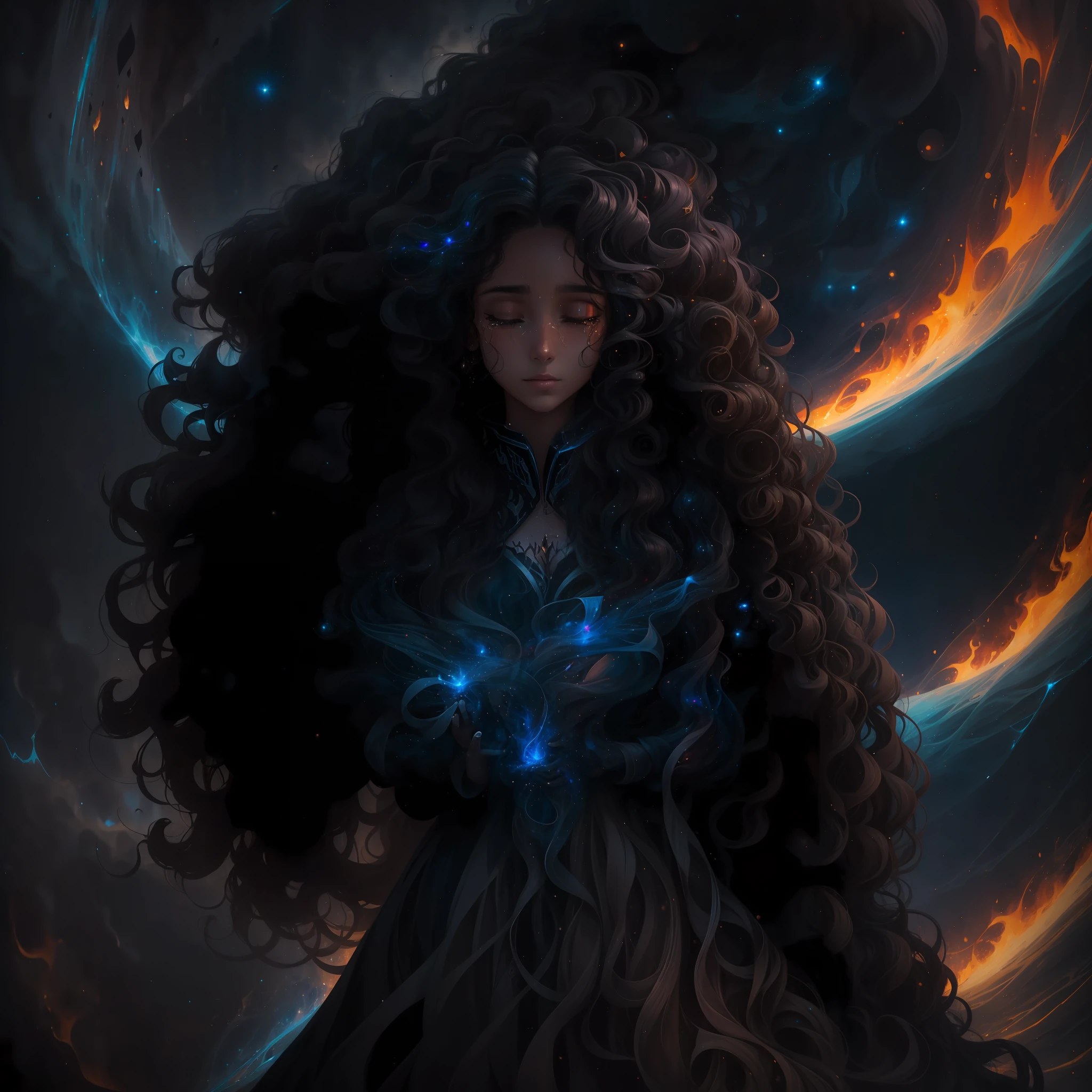 A dark woman with long curly hair emerges her burning figure in an environment of absolute infinite cosmos, her tears are stars