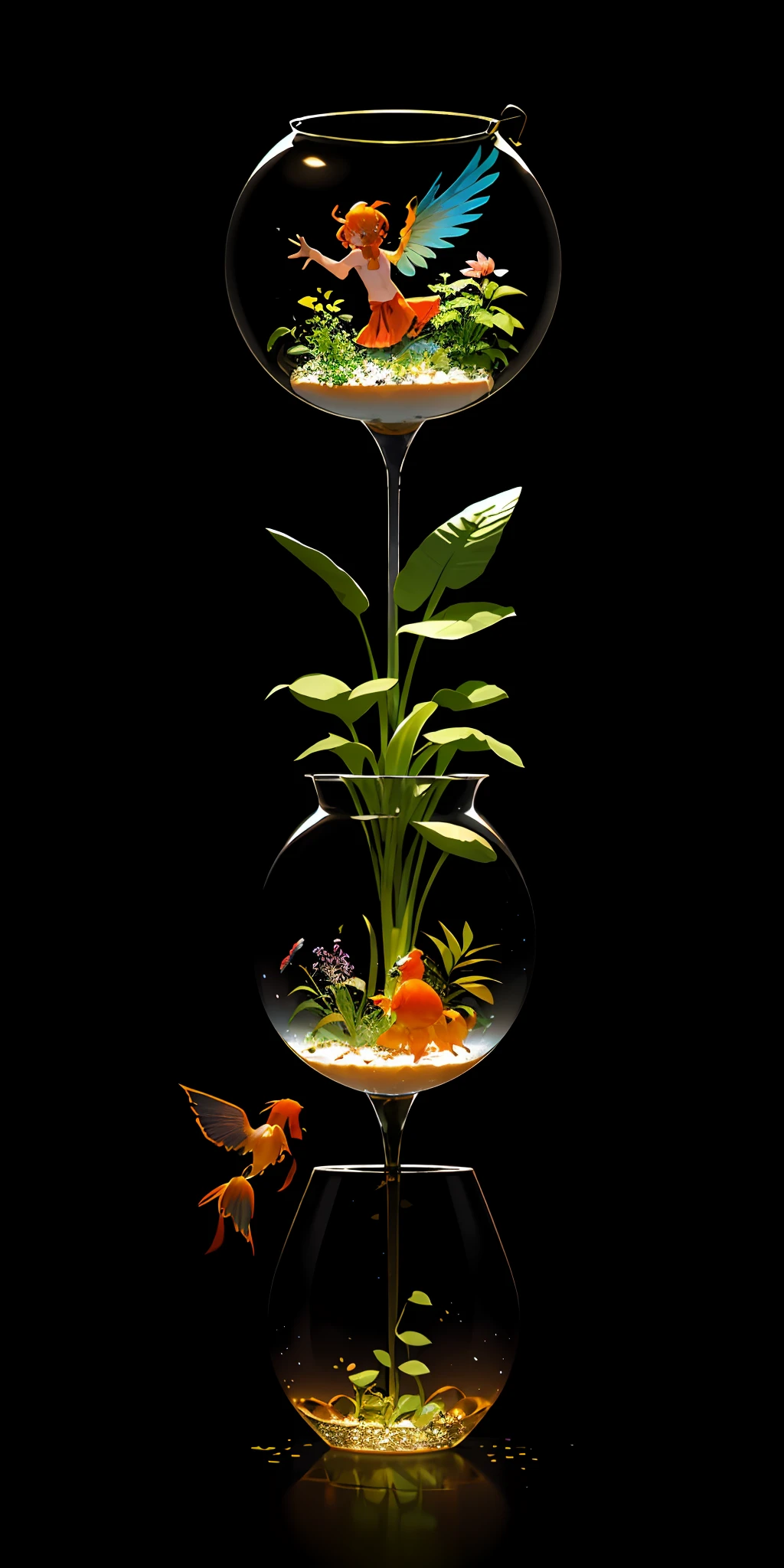 fish bowl on head, glowing goldfish, plant, plant goddess, wings, tall, 3d