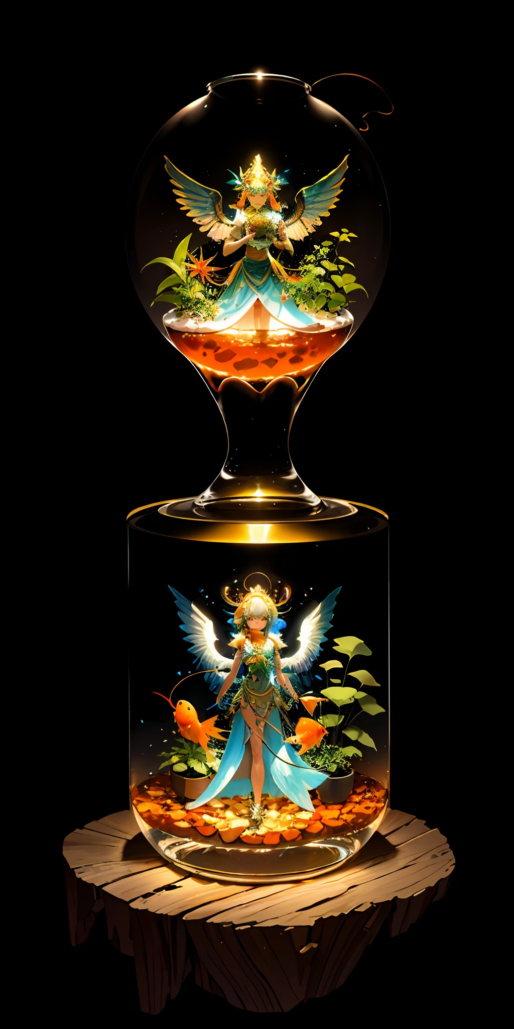 fish bowl on head, glowing goldfish, plant, plant goddess, wings, tall, 3d