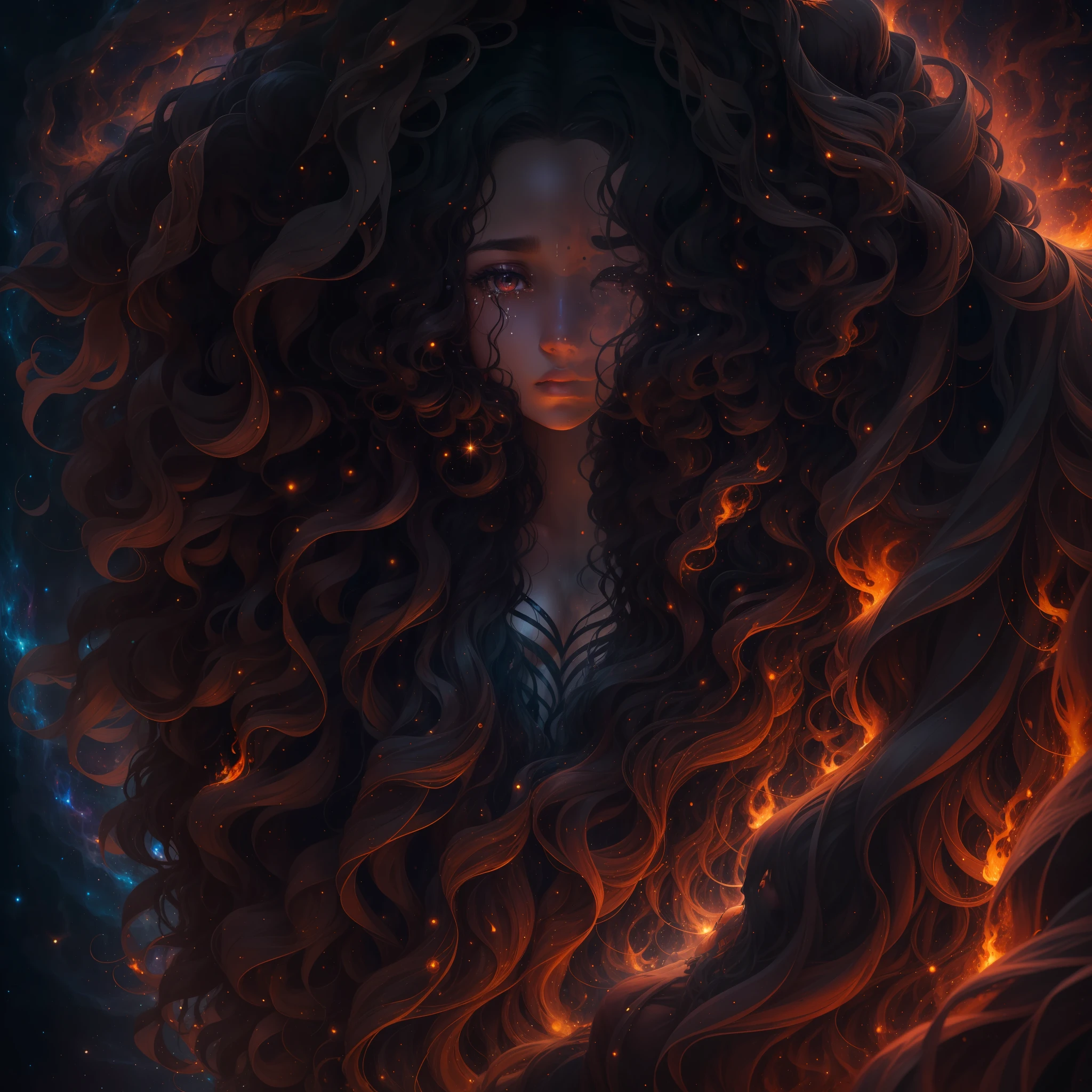 A dark woman with long curly hair emerges her burning figure in an environment of absolute infinite cosmos, her tears are stars