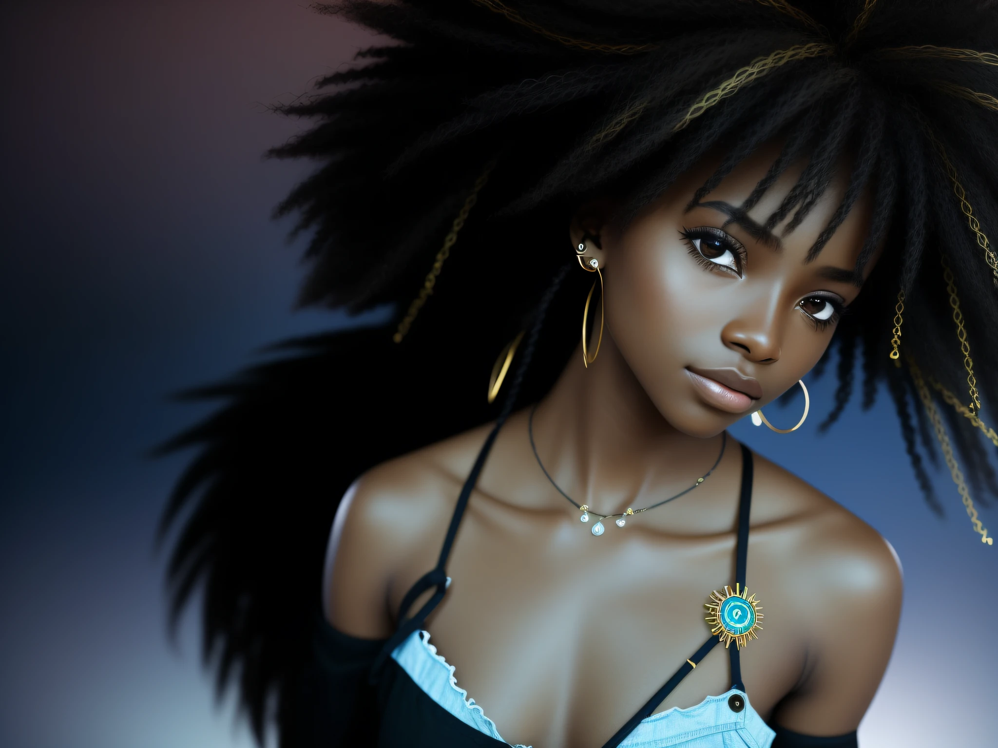 Realism portrait of 3 year old girl ((dark skin tone)) cute, afrofuturistic, cute anxious look, (swing)), current fashion, wearing colorful t-shirt and jeans, tied up long hair, ((bracelet, earrings)), background dark lighting, close-up, product view, detailed facial details, perfect face, sharpness, Trending Art, Sharp Face Details, CGSetsociety, Ultra High Quality Digital Art, Ultra Exquisite Details, 4K, 8K Lighting Smooth, -ISO100 Dreamy, Fashion-